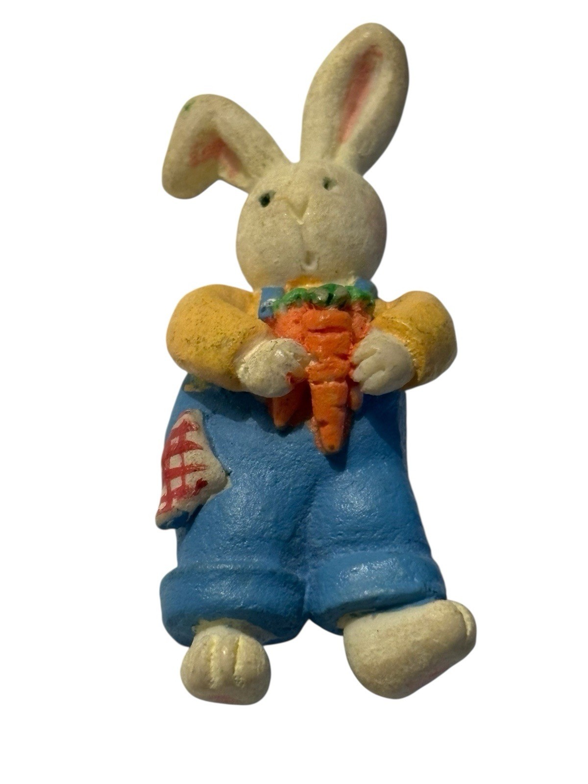 Bunny Rabbit Brooch Pin Resin Painted Vintage Easter 2” Figural Holding Carrots