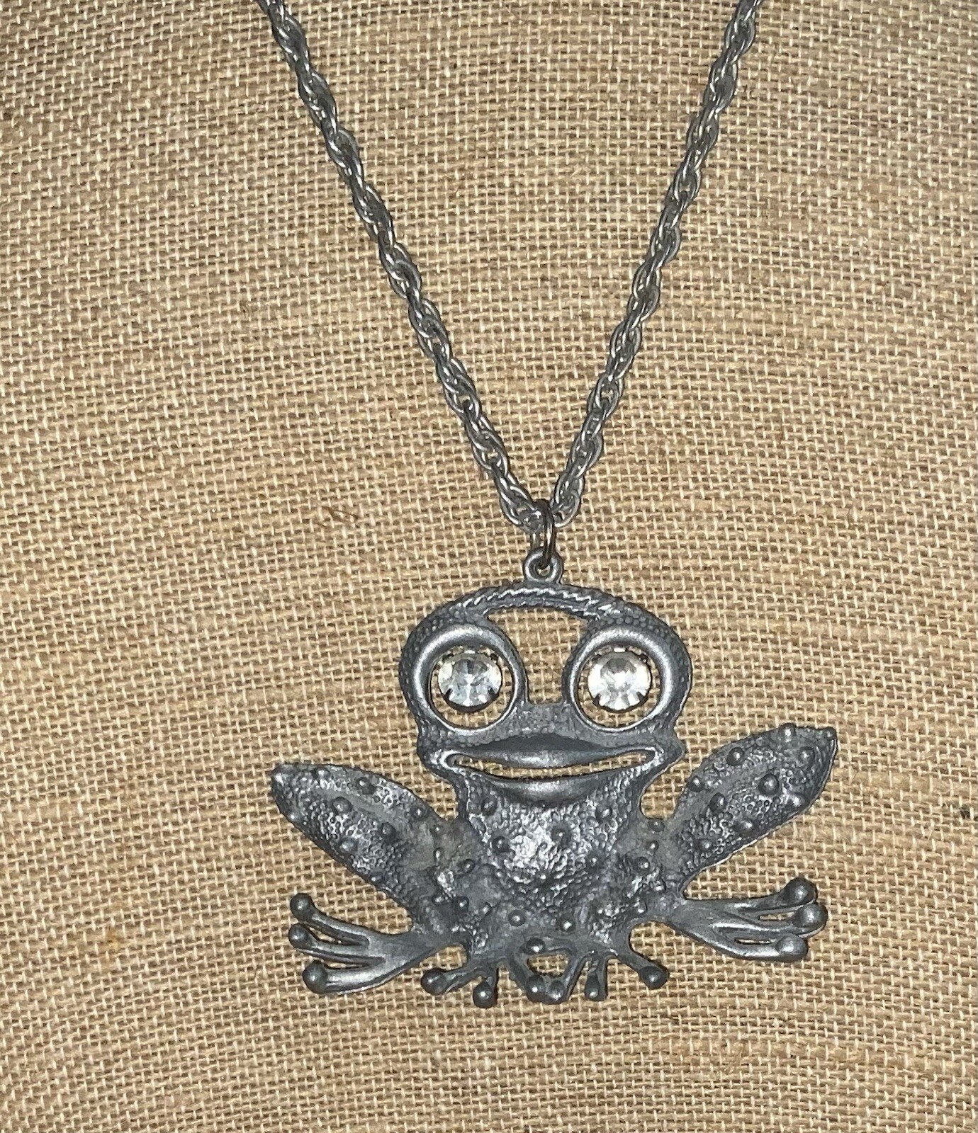 Vintage, Gray Metal Frog Pendant W/ White Rhinestones Articulate Eyes, Necklace