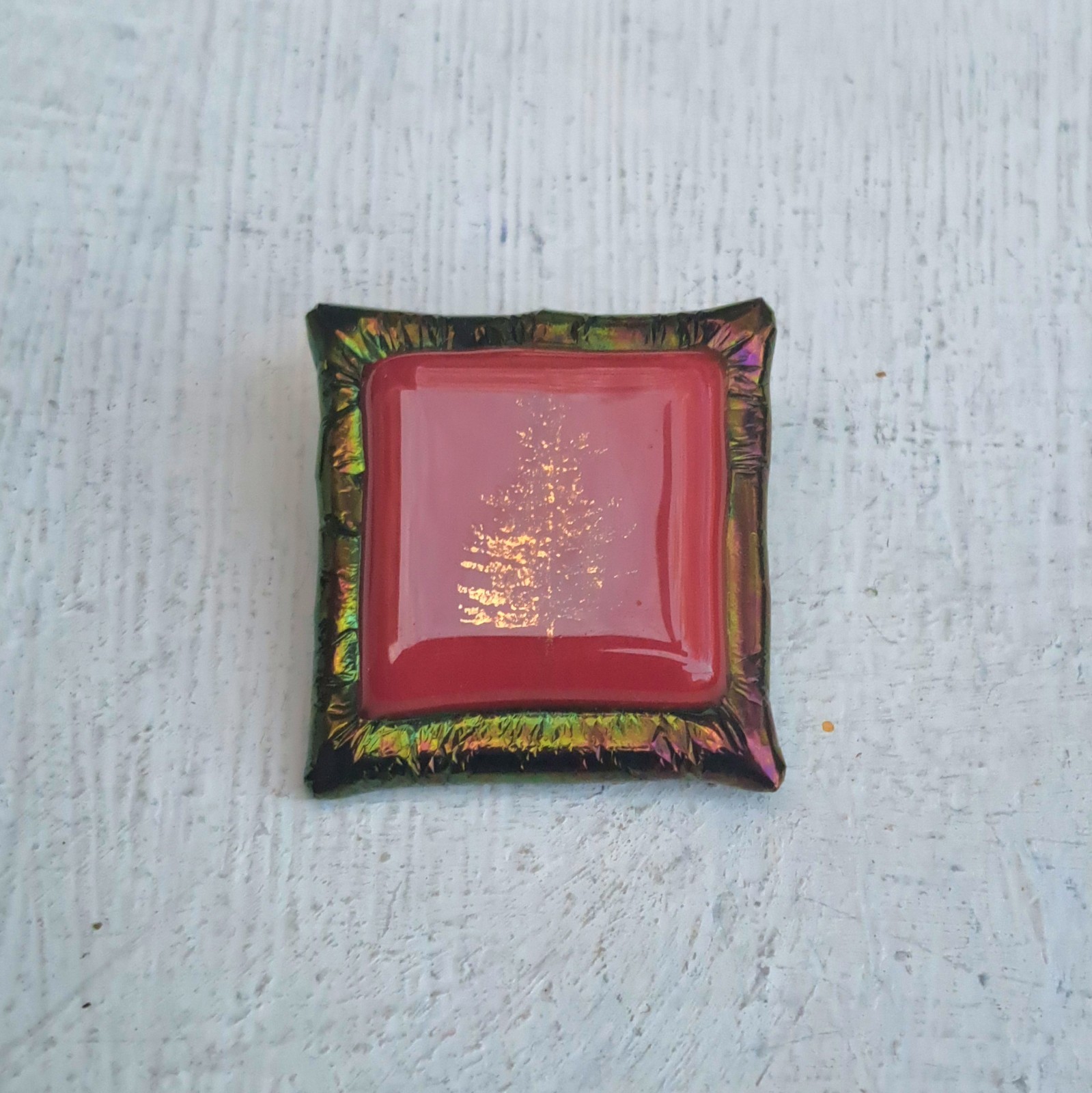 Vintage Handmade Dichroic Brooch—Nature Scene—Red Goldtone and Iridescent Green