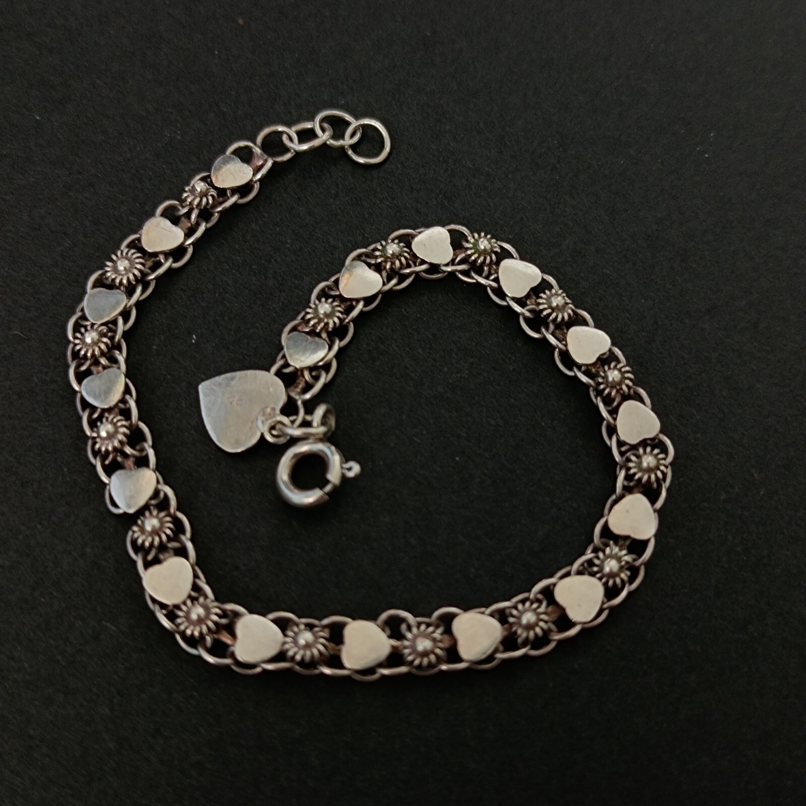 Vintage Silver Bracelet Ethnic Hearts Flowers Dainty Granulated Link Sterling