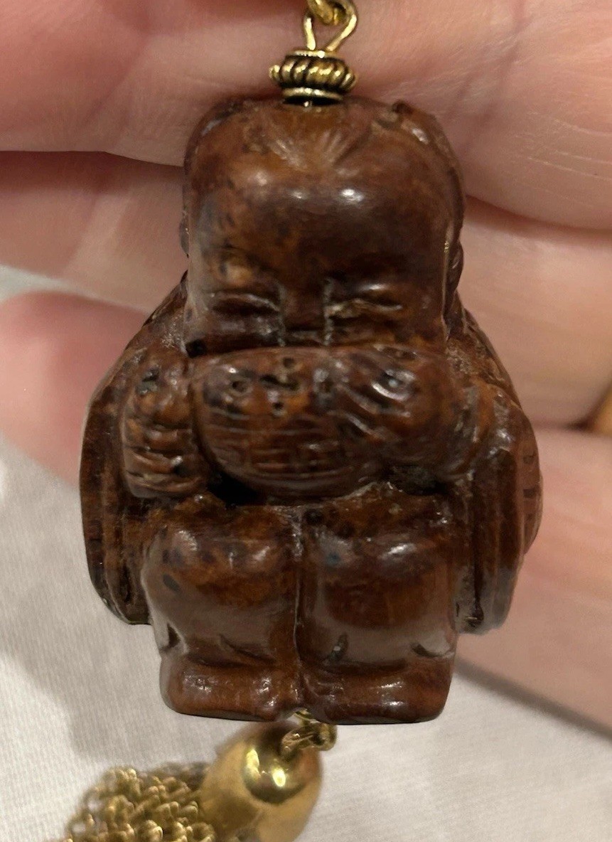 Vtg Asian-Themed Mixed Material 3-Strand Charm Necklace w/Carved Wood Buddha 28”