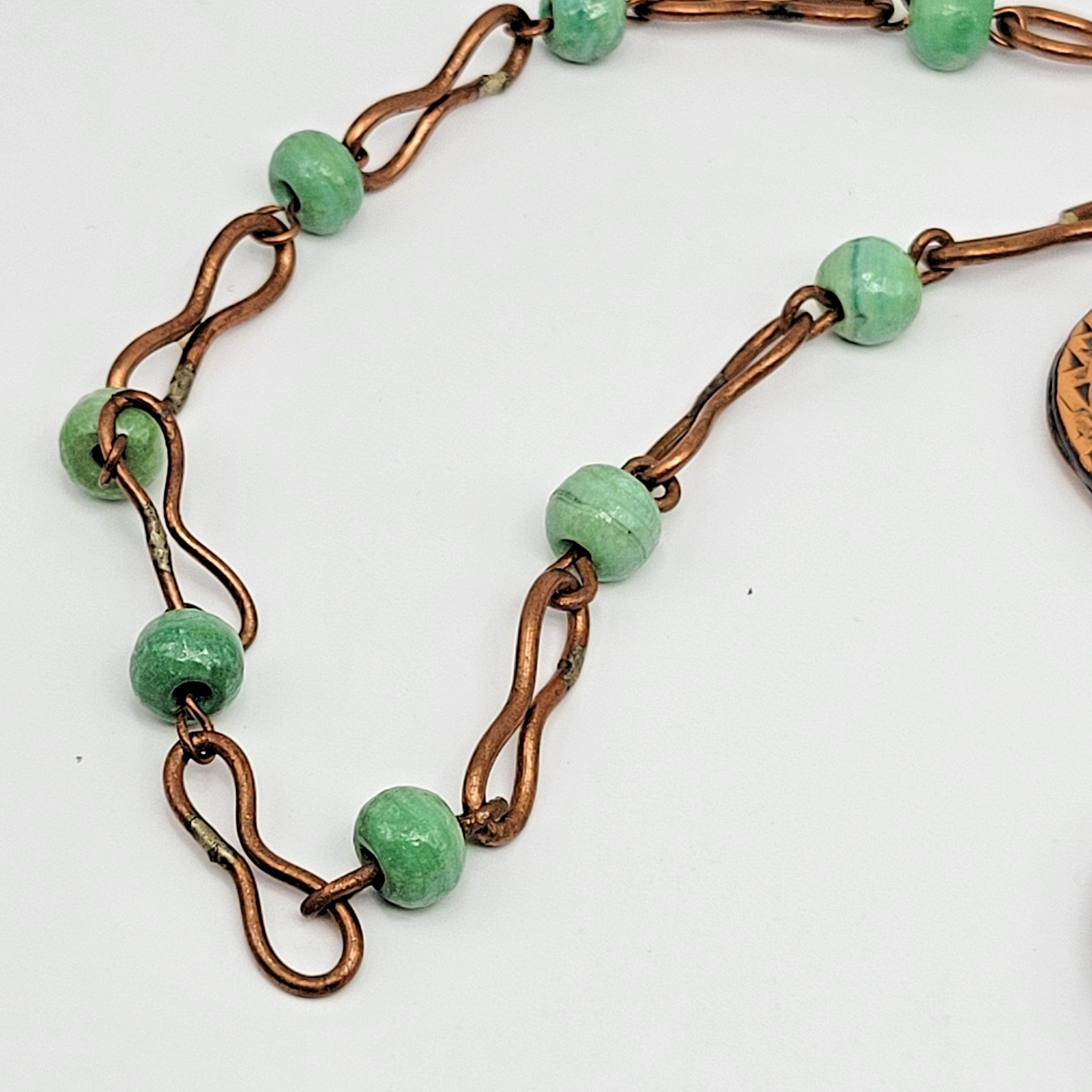 Vintage Casa Maya Copper Brass Green Stone Statement Pendant Necklace as-is ~24″
