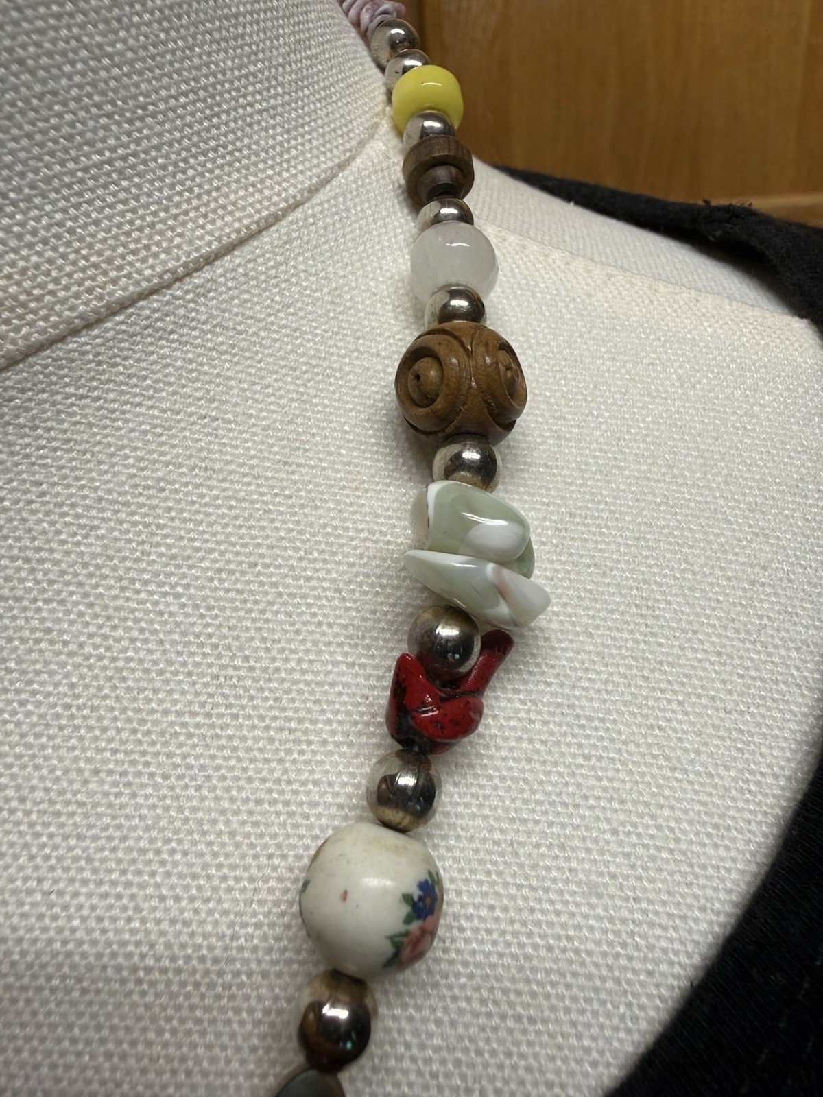 Vintage Mixed Bead Multicolor Necklace Shell Wood Ceramic Metal Glass
