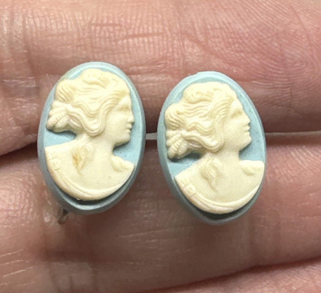 Vintage Cameo Earrings Screw Backs Dainty Classic Style Blue Lucite Design