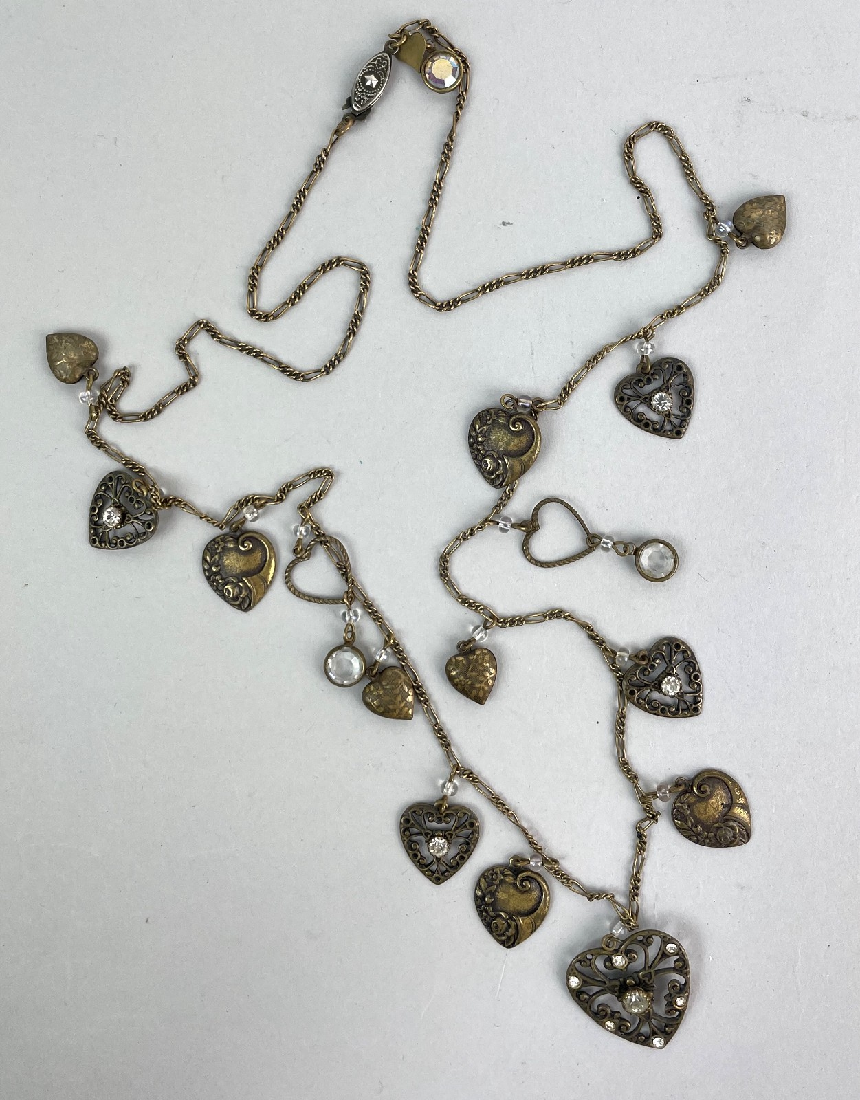 VTG 90s GLASS WORKS STUDIO Brass BOHO Heart charms Necklace 64″