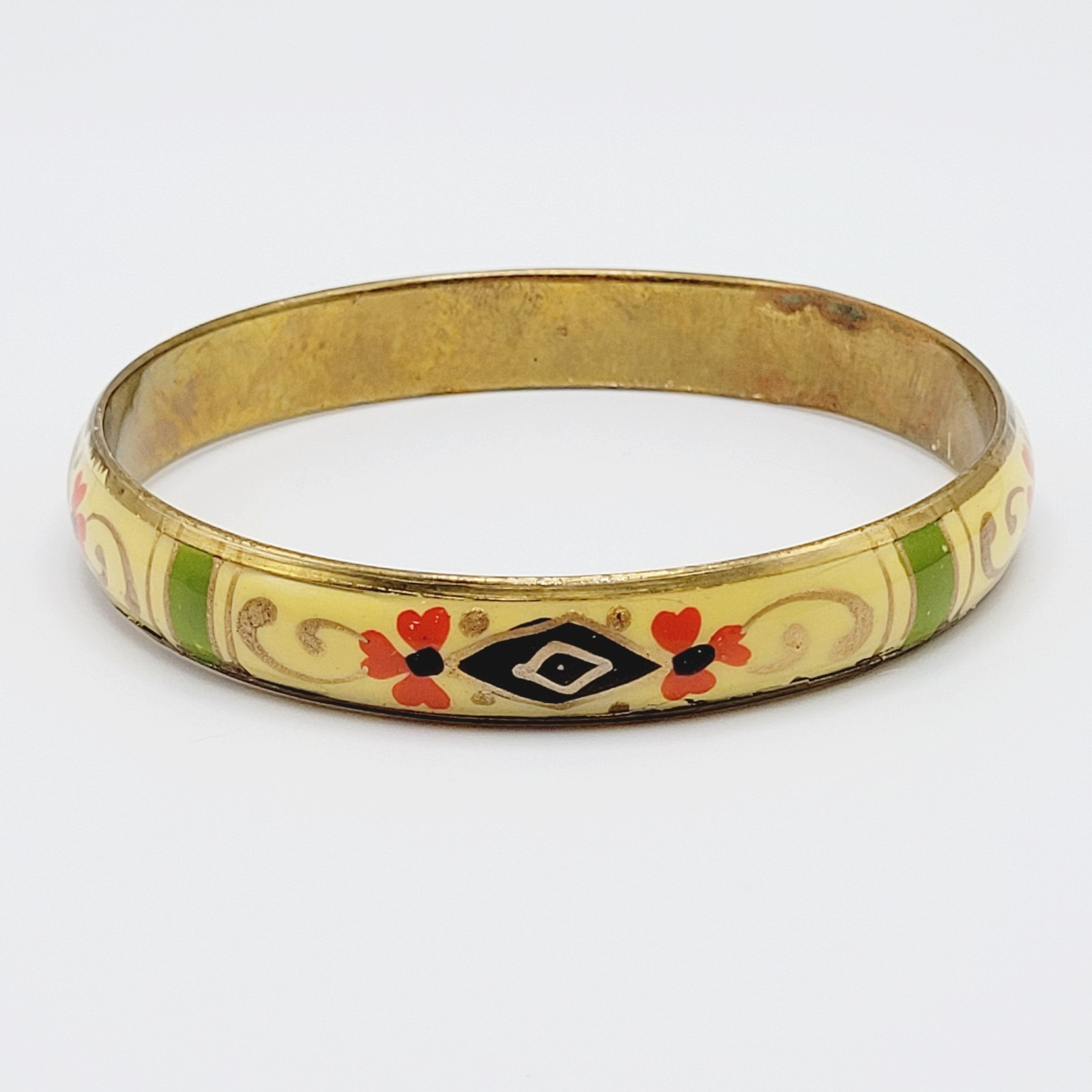 Hand Painted Cream Green Gold Enamel Vintage Bangle Brass Tone Bracelet 9 Inch