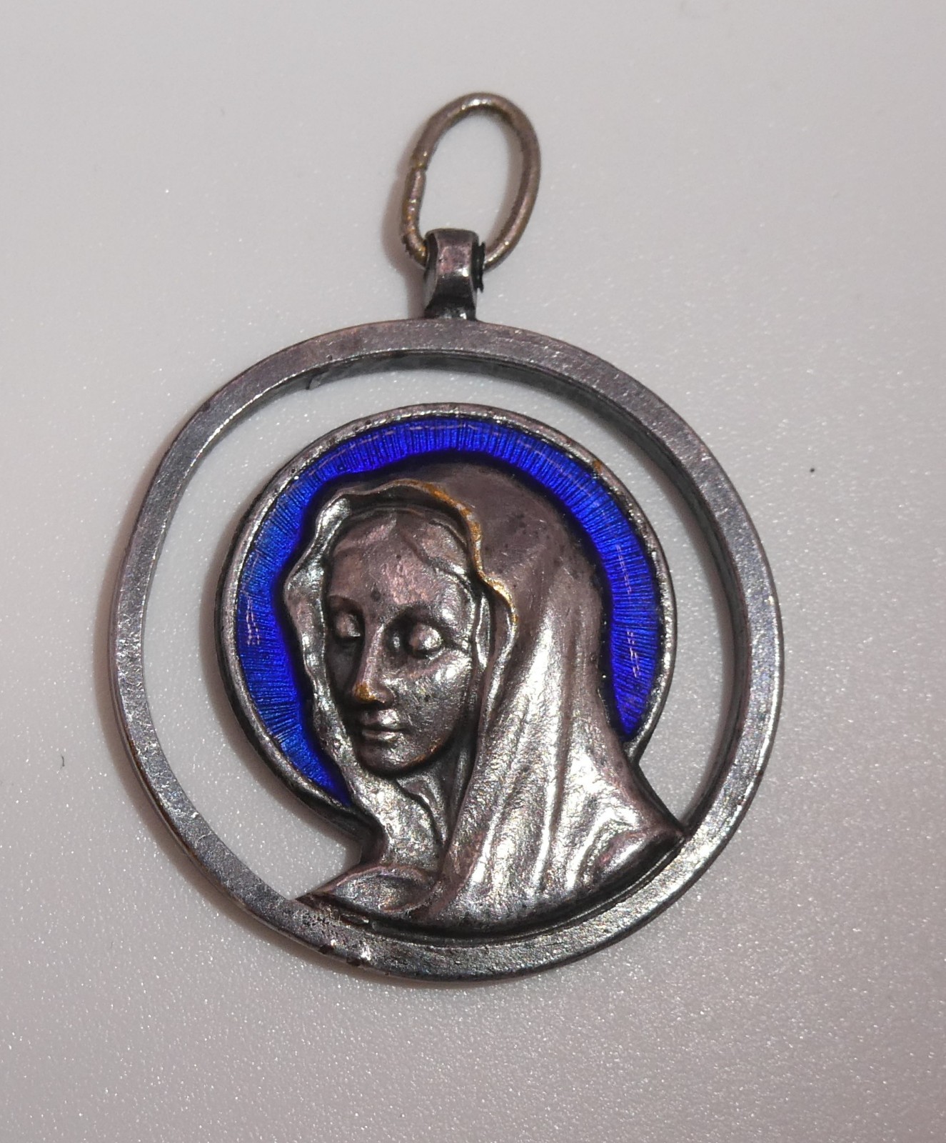 Vintage French Medal Lourdes Virgin Mary Blue Enamel Pendant Silver Tone 1 3/8″l