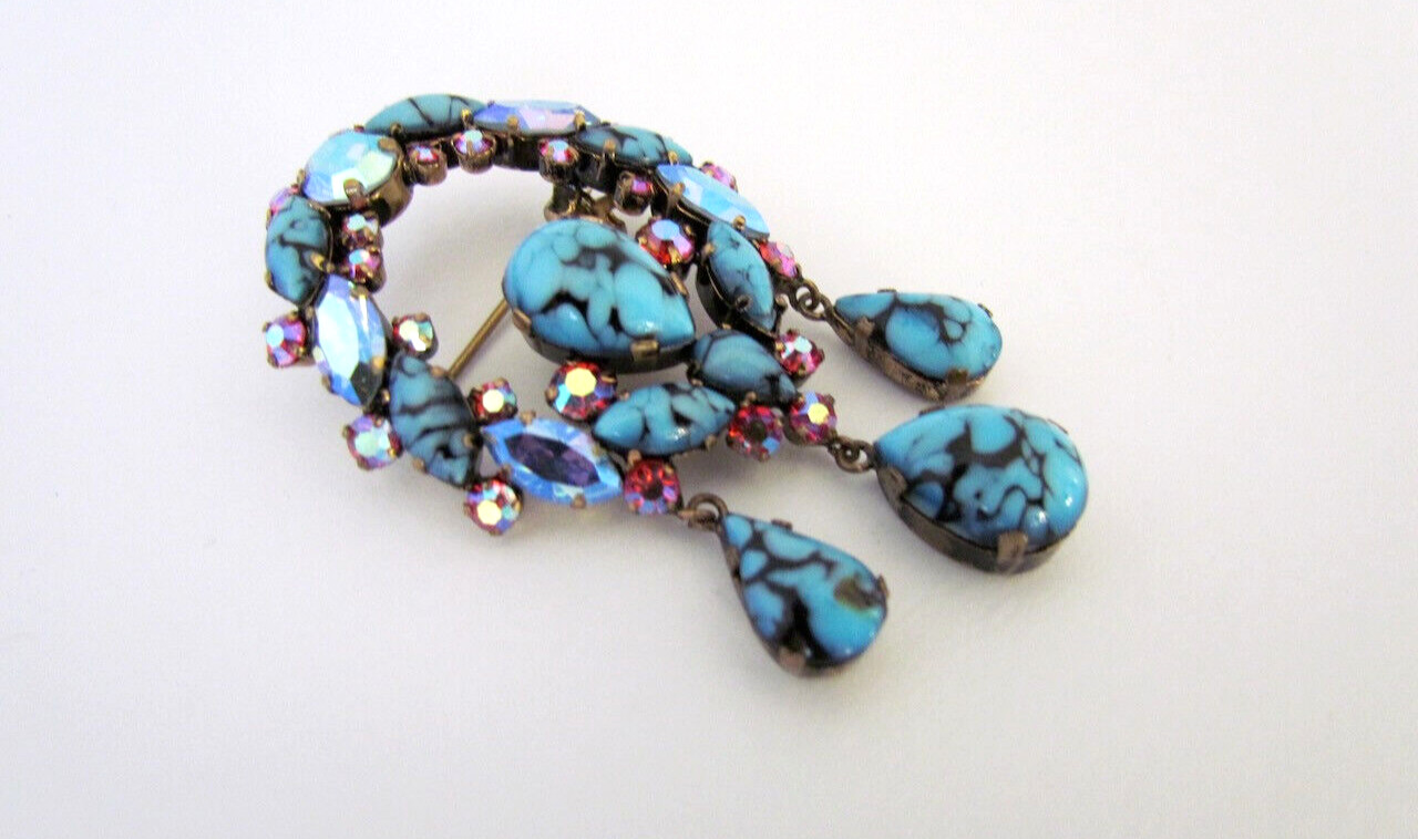 Vintage Austrian Art Glass Dangle Brooch Cabachon Rhinstones Blue Pink Rare