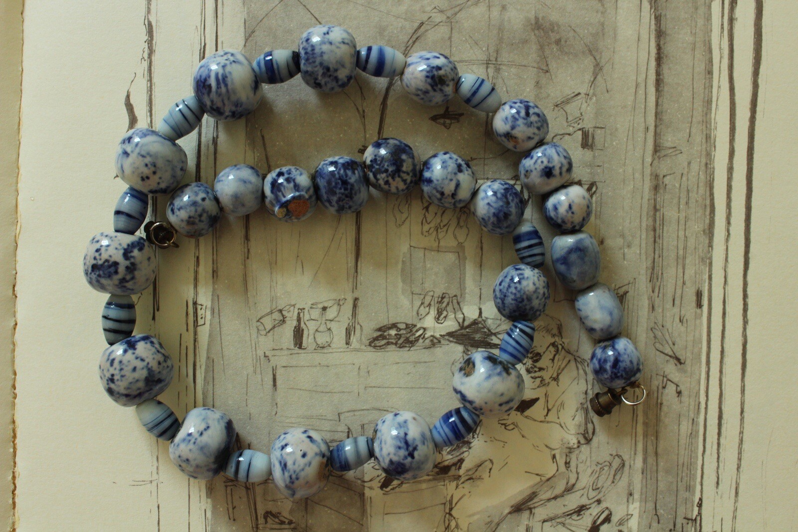 Vintage Blue Ceramic Beads With Murano Blue Spacer Necklace, 17.5” Long 45CM