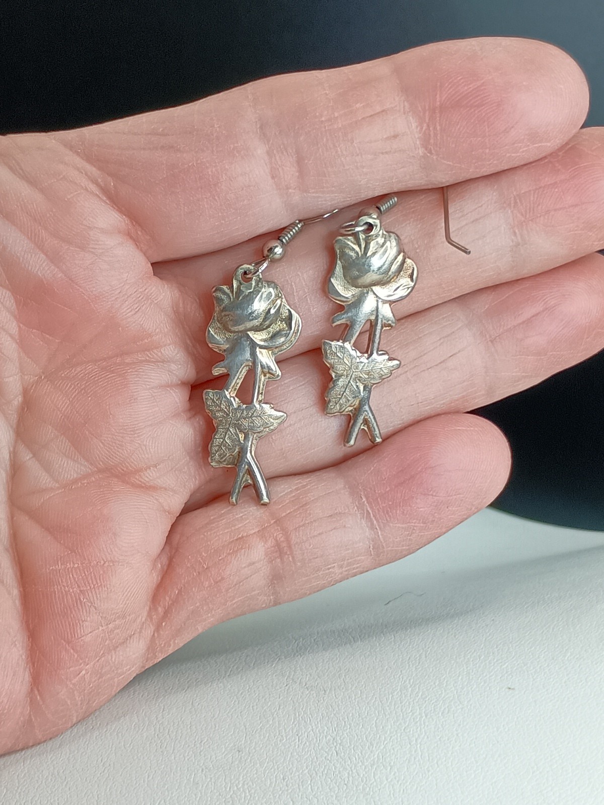 Vintage Rose Flower Pierced Earrings Dangle Hook Silver Untested Not Magnetic 2″