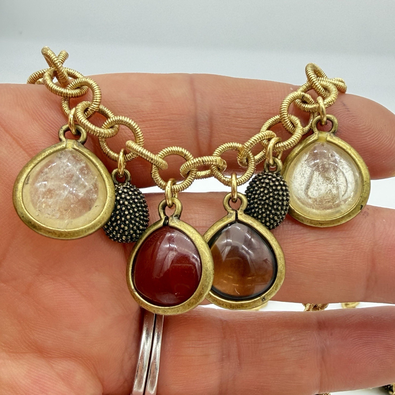 Vtg Monet Caged Glass Necklace Grpoix Style Cabochons Charm Dangle Long