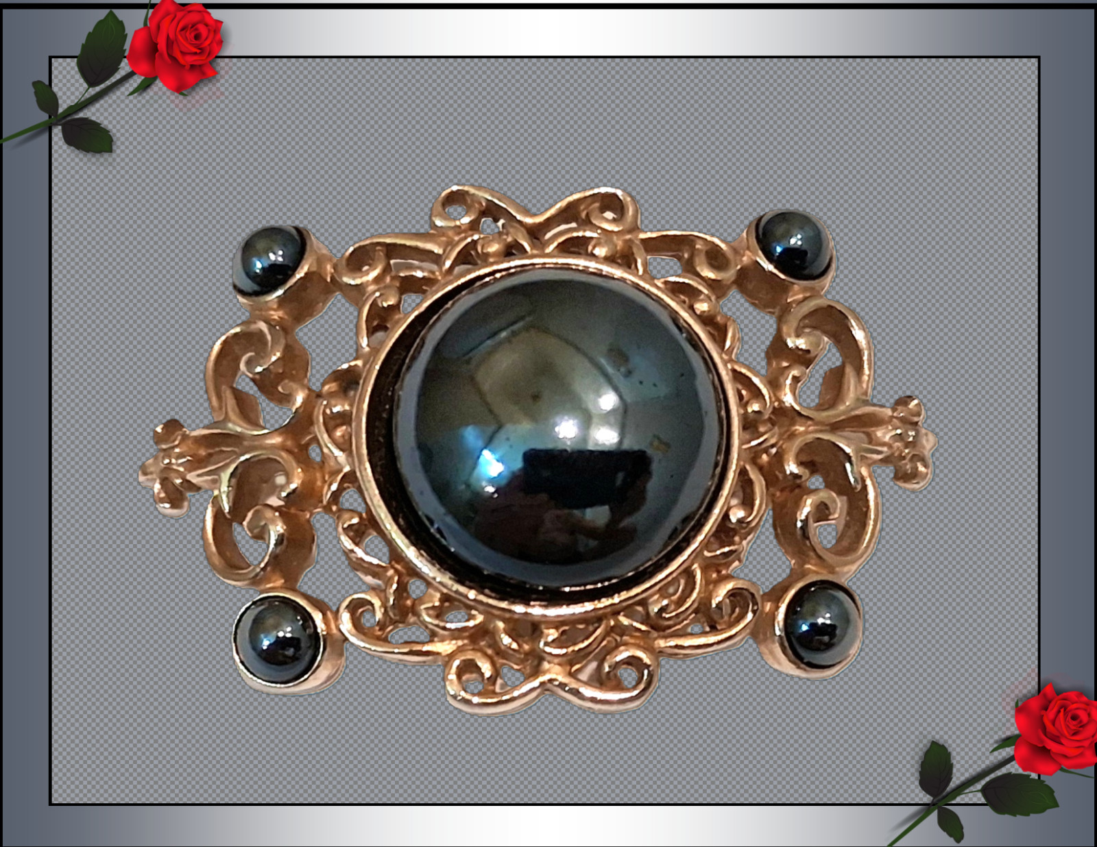Vintage Filigree Brooch with a rich dark gray domed mirror-finished center stone