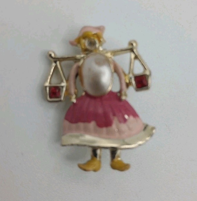 Vintage Coro? Dutch Water Carrier Gold Tone Faux Stones Brooch 1 Inch