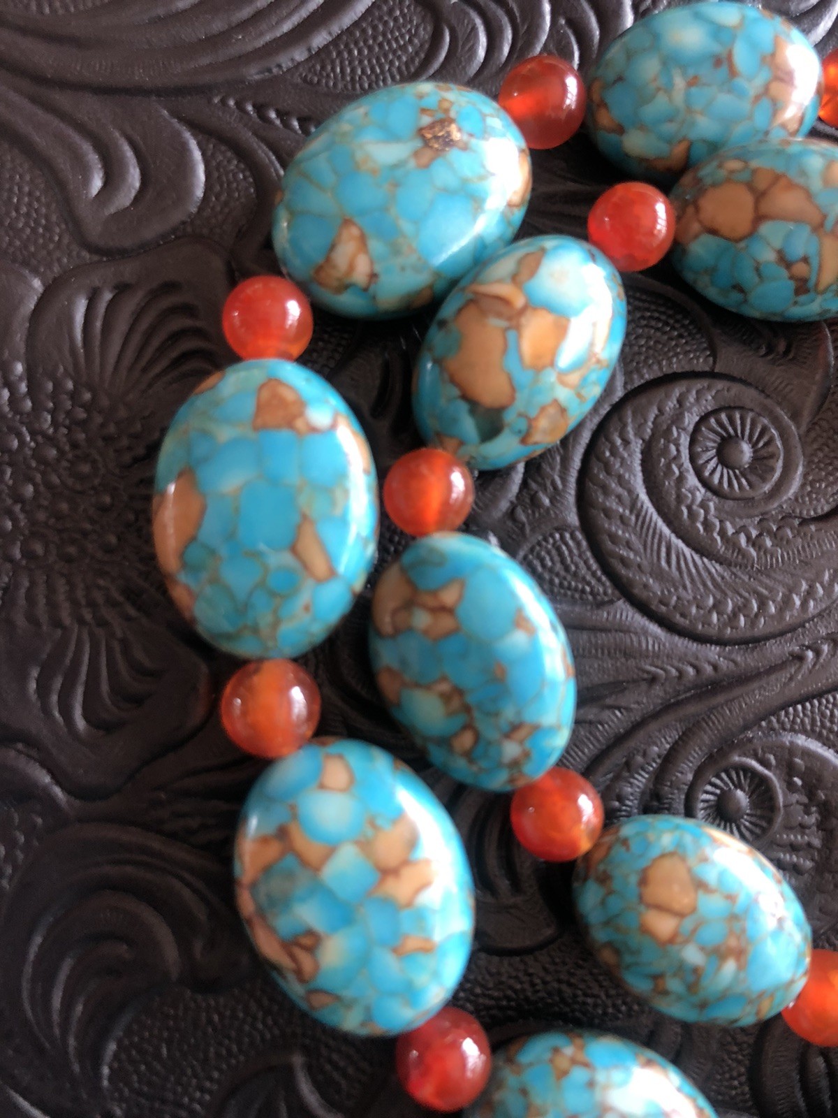 Mosaic Turquoise Beads, Natural Orange Agate Beads 18” Necklace, 925 Clasp