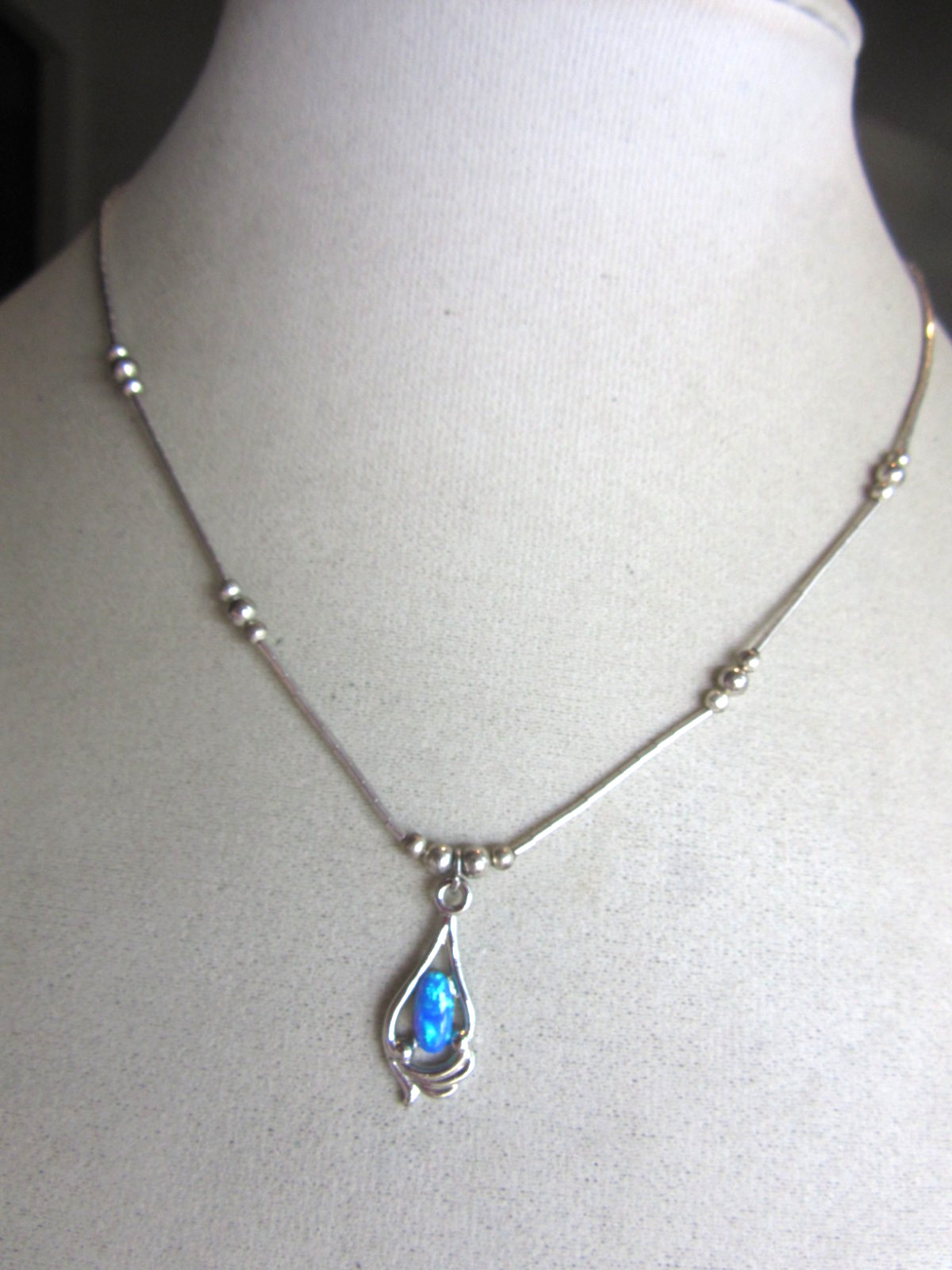 Vintage liquid silver beaded necklace with a blue opal pendant – 16.5″ long