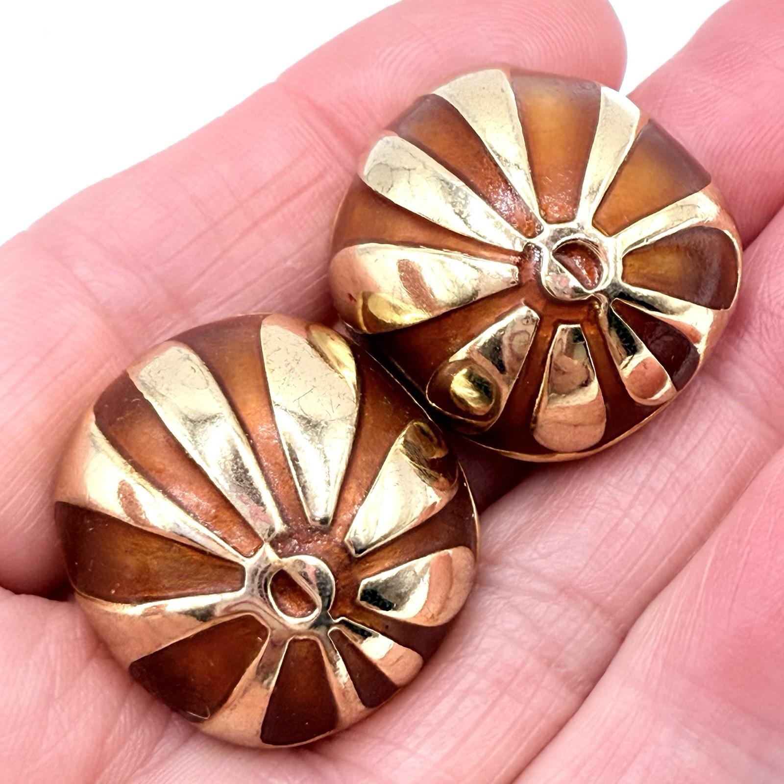 Vtg Orlena Goldtone Earrings ClipOn French Geometric Pattern Amber Enamel Rare G