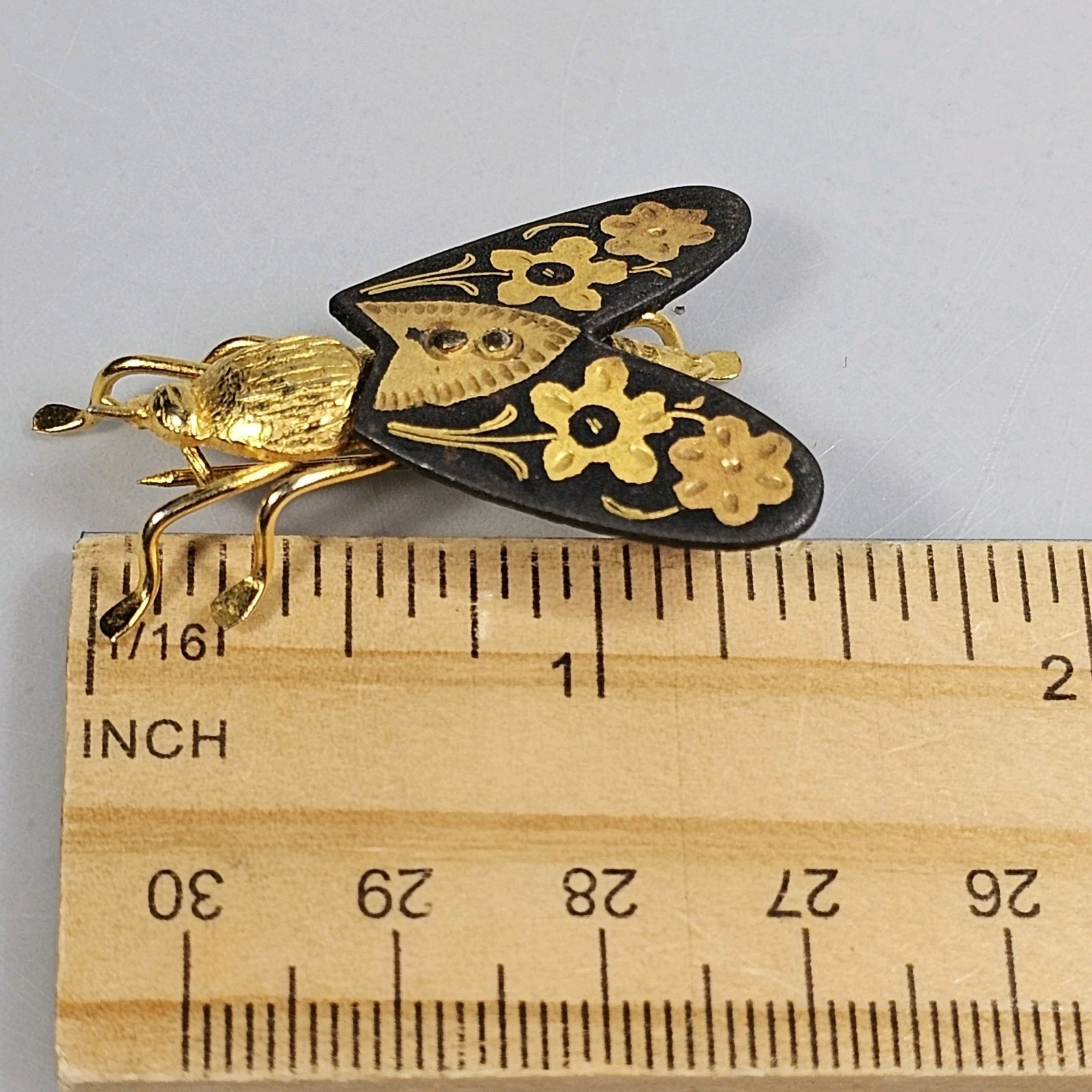 Vintage Damascene Fly Brooch Insect Bug Toledo Spain Gold Leaf