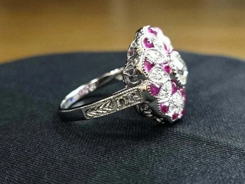 Floral Art Deco Style Round Lab Created Diamond14K White Gold FN Engagement Ring