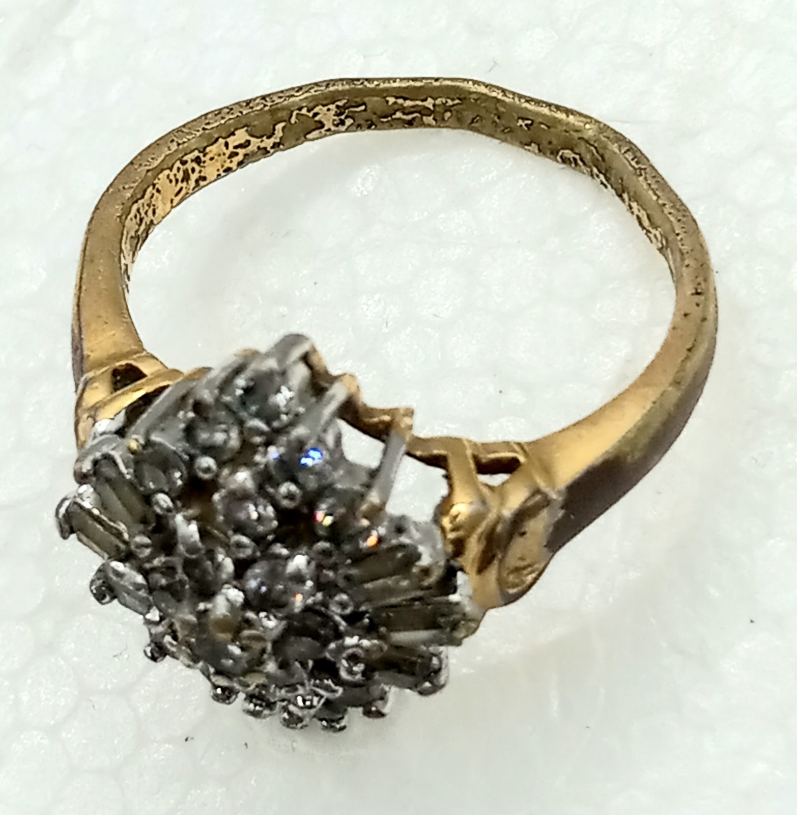 Vintage Womens Cluster Ring Baguette & Round Rhinestones, 14Kt Plated Size 6.25
