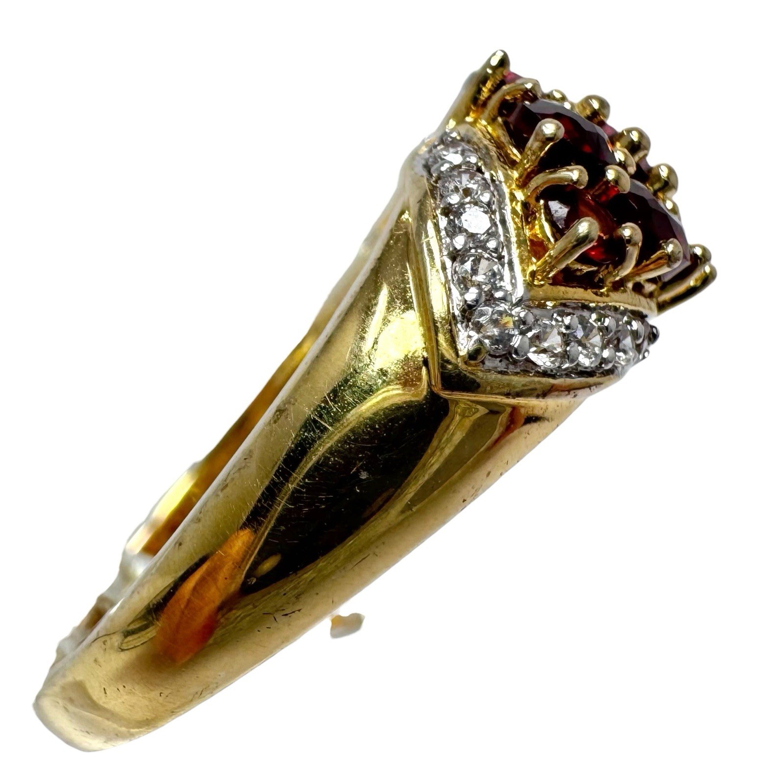 Vintage Gold Tone Red Garnet Cluster Ring Clear Rhinestone Accents 7.5