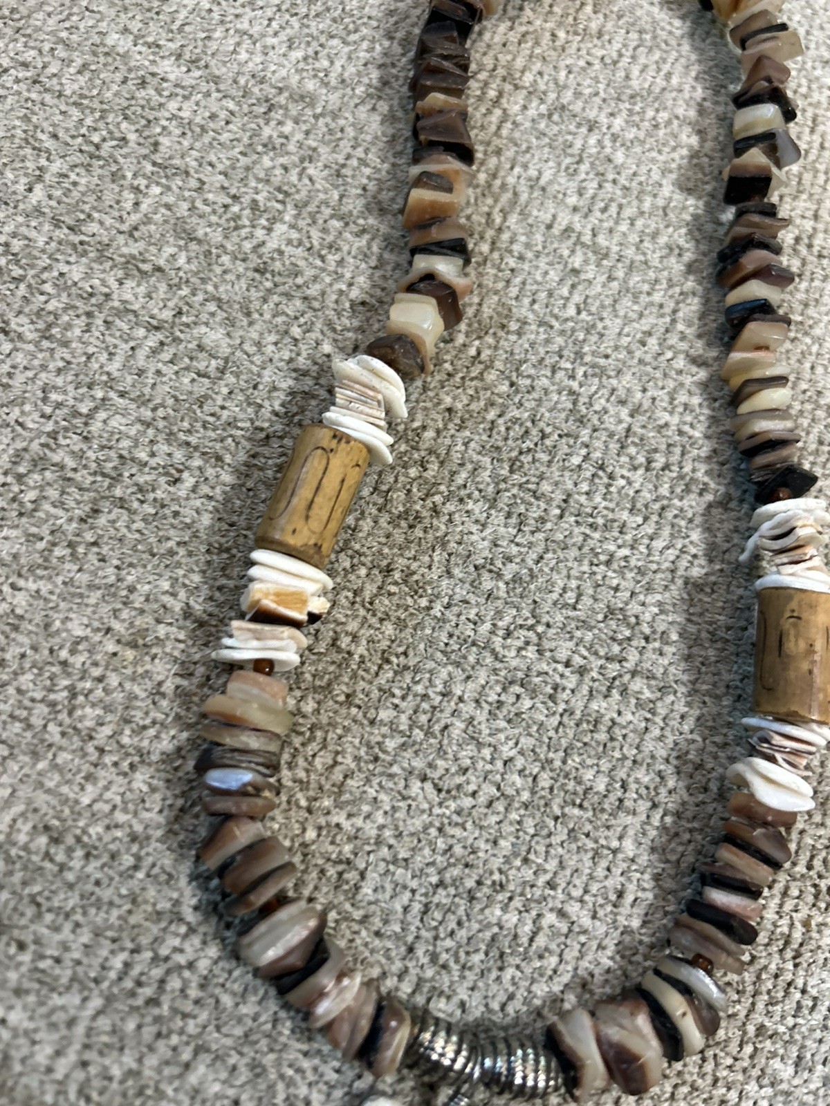 Vintage Shark Tooth Shell Wood Necklace Barrel Clasp 17-18” Surf Beach