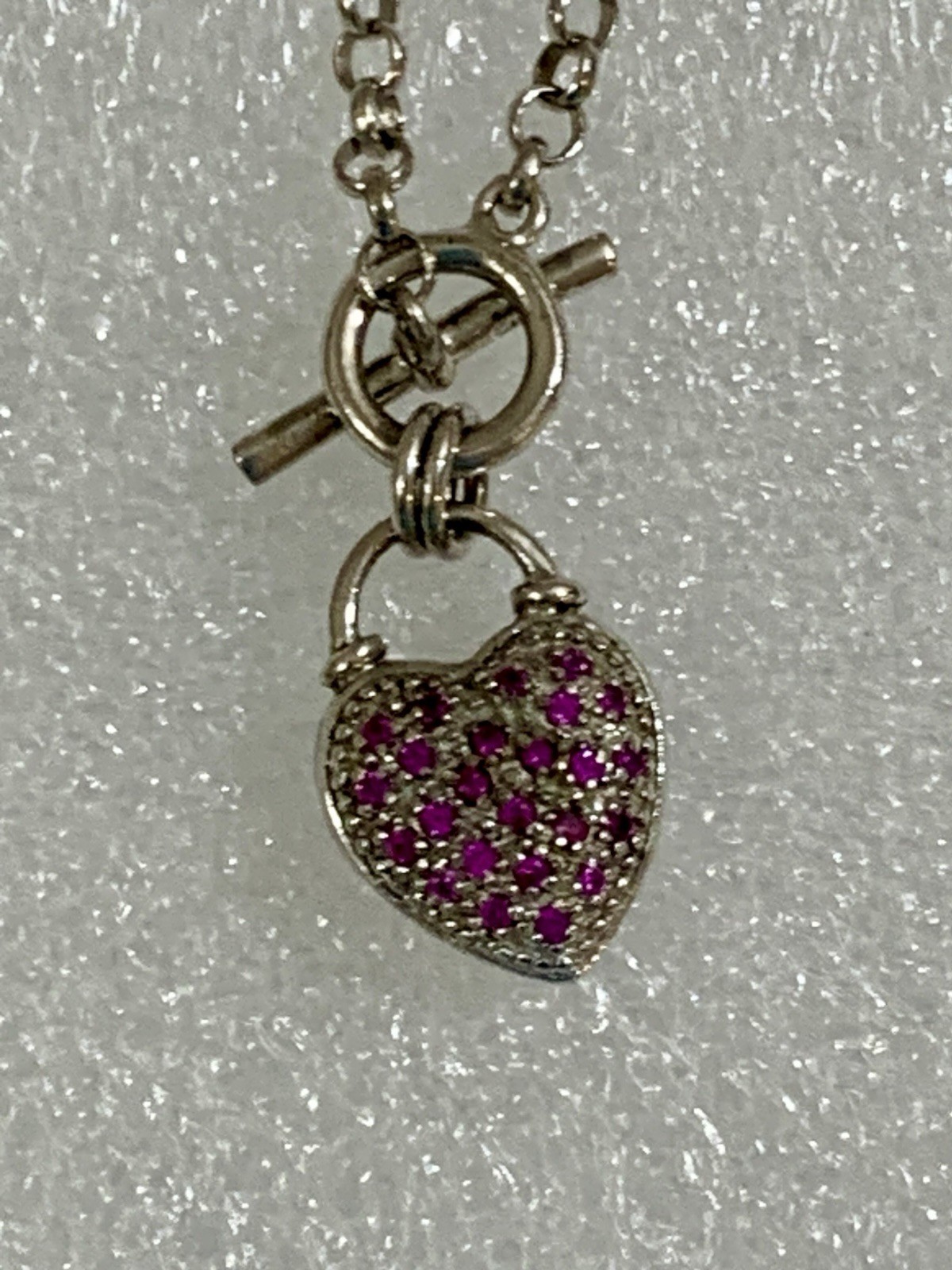 Sterling Silver Vintage Chain Bracelet W/Crystal Heart Charm & Toggle Clasp