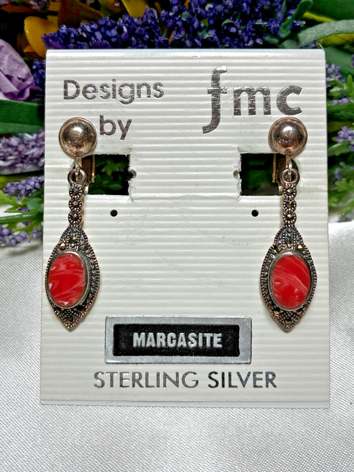 Vintage Coral and Marcasite Sterling Silver Drop Dangle Clip Back Earrings