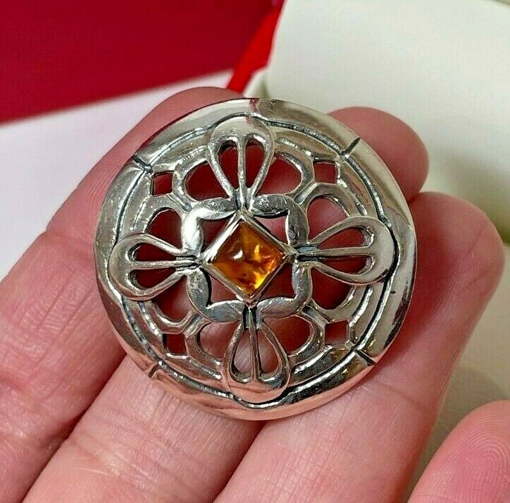 NIB Gift Kit Health KH95 Celtic Amber Sterling Silver 925 Filigree Brooch