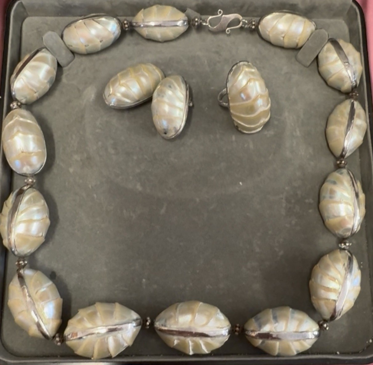Vintage Natural Ridged Nautilus Shell Jewelry Set In Sterling Silver-Estate