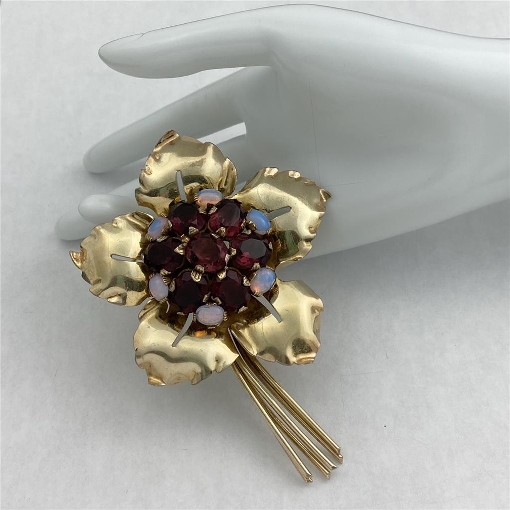 Vintage Sterling Silver/ Gold Floral Bouquet with Purple & Opal Glass Gems 4″ L