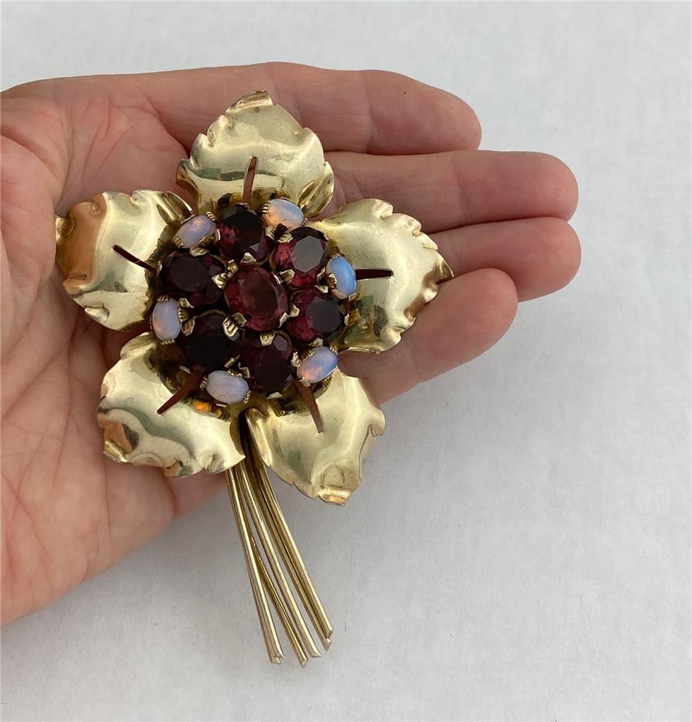 Vintage Sterling Silver/ Gold Floral Bouquet with Purple & Opal Glass Gems 4″ L