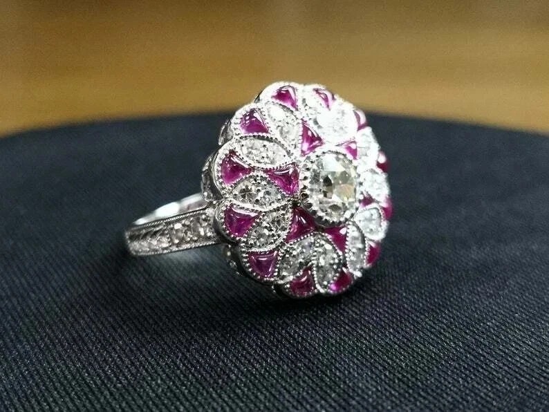 Floral Art Deco Style Round Lab Created Diamond14K White Gold FN Engagement Ring