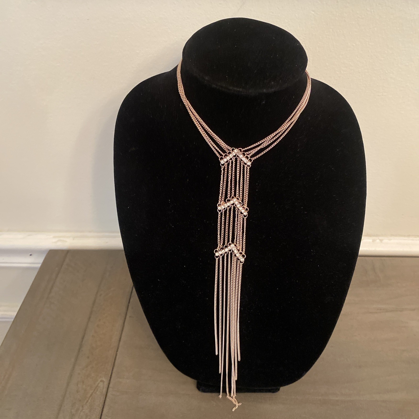 Necklace Rose Gold Tone Long Rhinestone Layered Tassel Fringe Boho Chic Y2K Glam