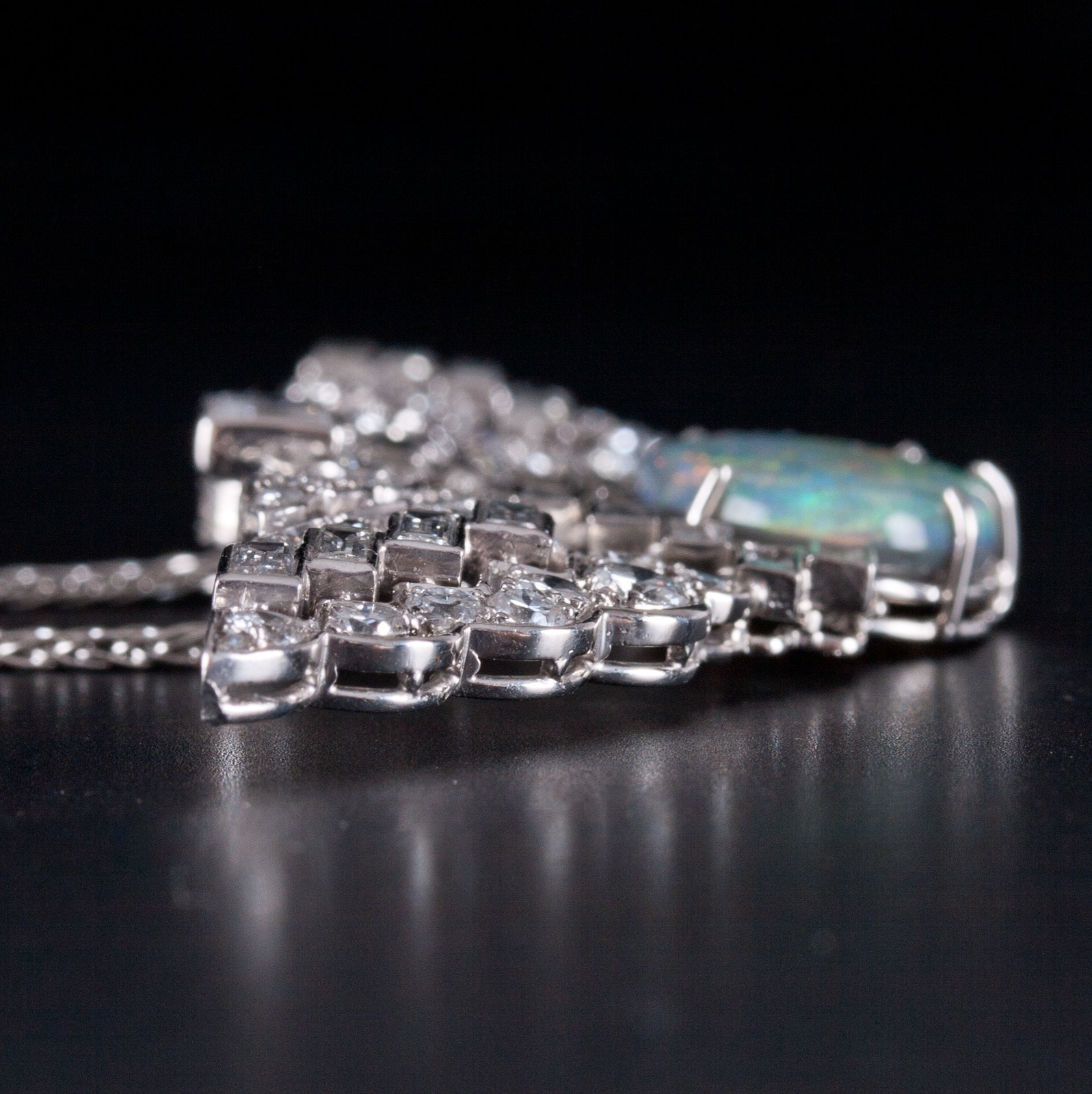 Vintage 1930’s .950 Platinum Oval Cabochon AAA Opal Diamond Necklace 7.89ctw