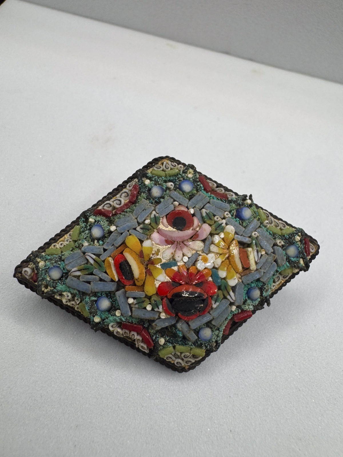 Vintage Italian Micro Mosaic Floral Brooch Pin Diamond Lozenge Glass Tile Italy