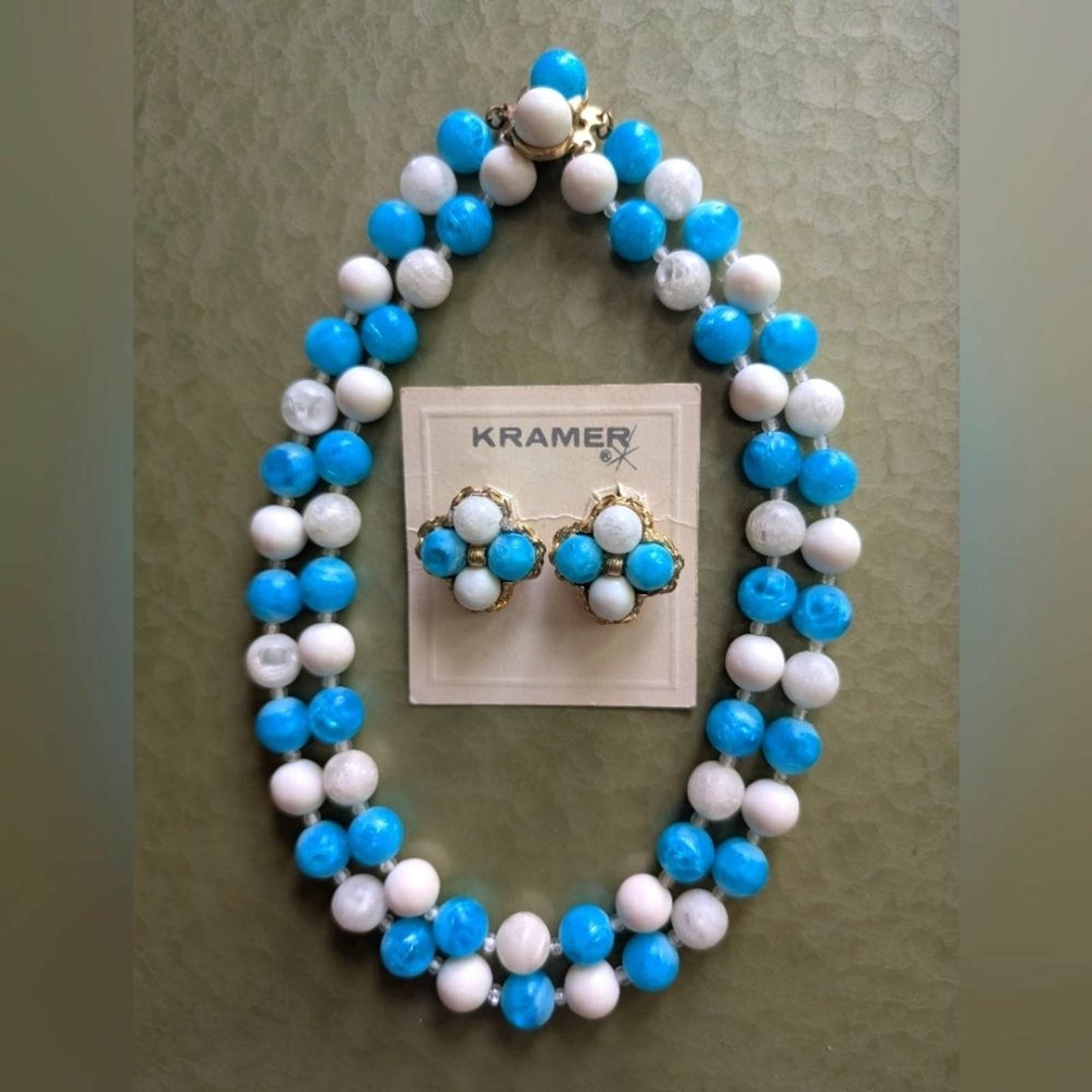 Kramer Vintage Deadstock Blue And White Beaded Necklace And Clip On Earrings