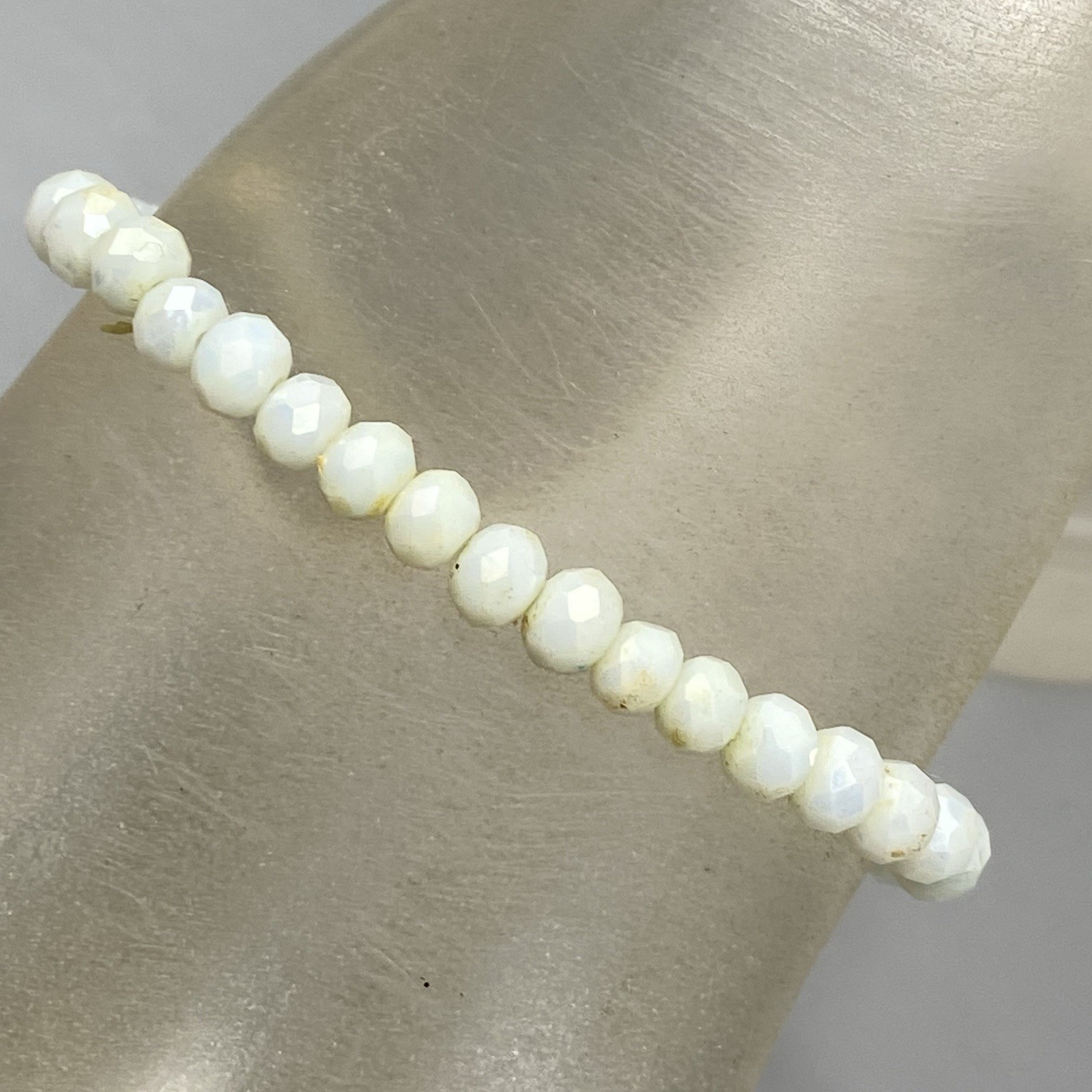 White Glass Bead Bracelet Stretch Faceted Fire Polished Surface Coated 7″