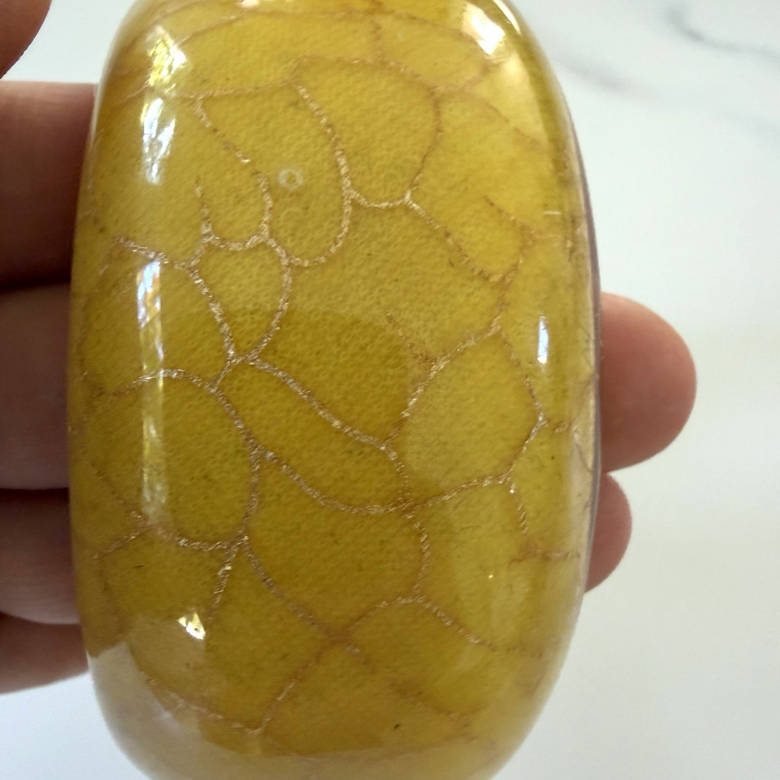Vintage Yellow Crackle Glaze Bangle Bracelet Wide Ceramic Encased Wood Boho