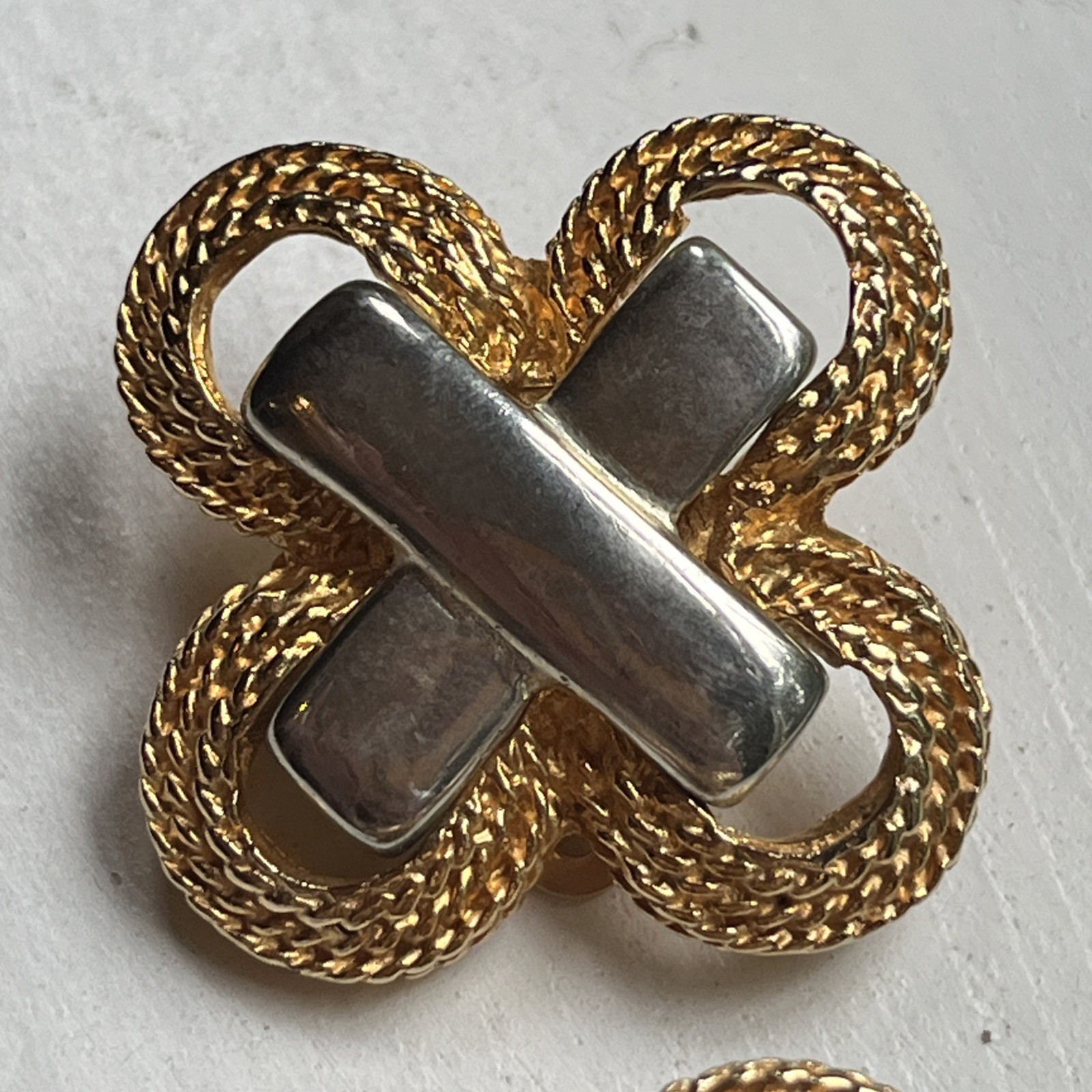 Vintage Gay Boyer Two Tone Gold Silver Braided Statement Clip On Earrings 1980s