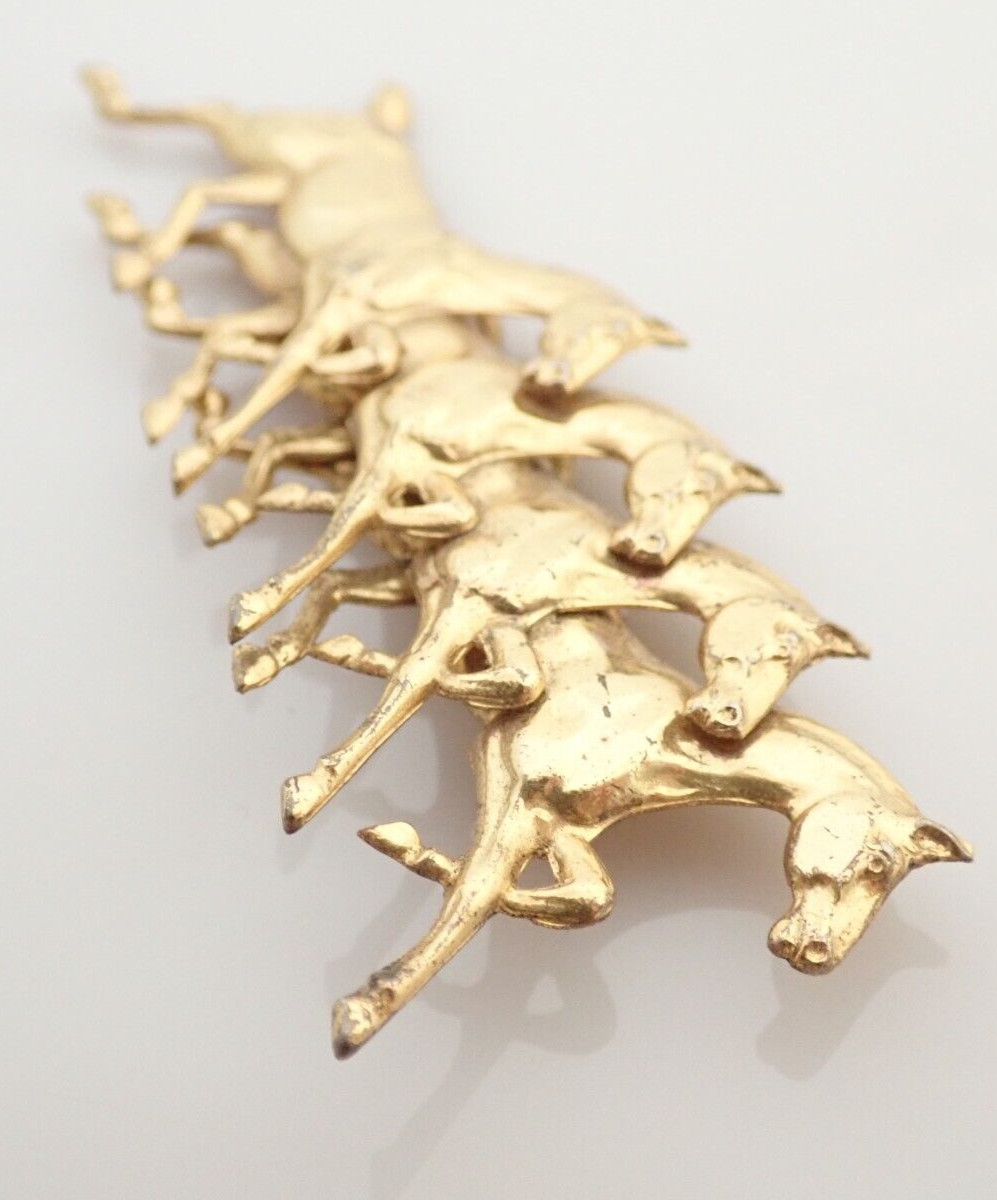 Vintage Sterling Silver Vermeil Equestrian Horses 3″ Brooch Pin