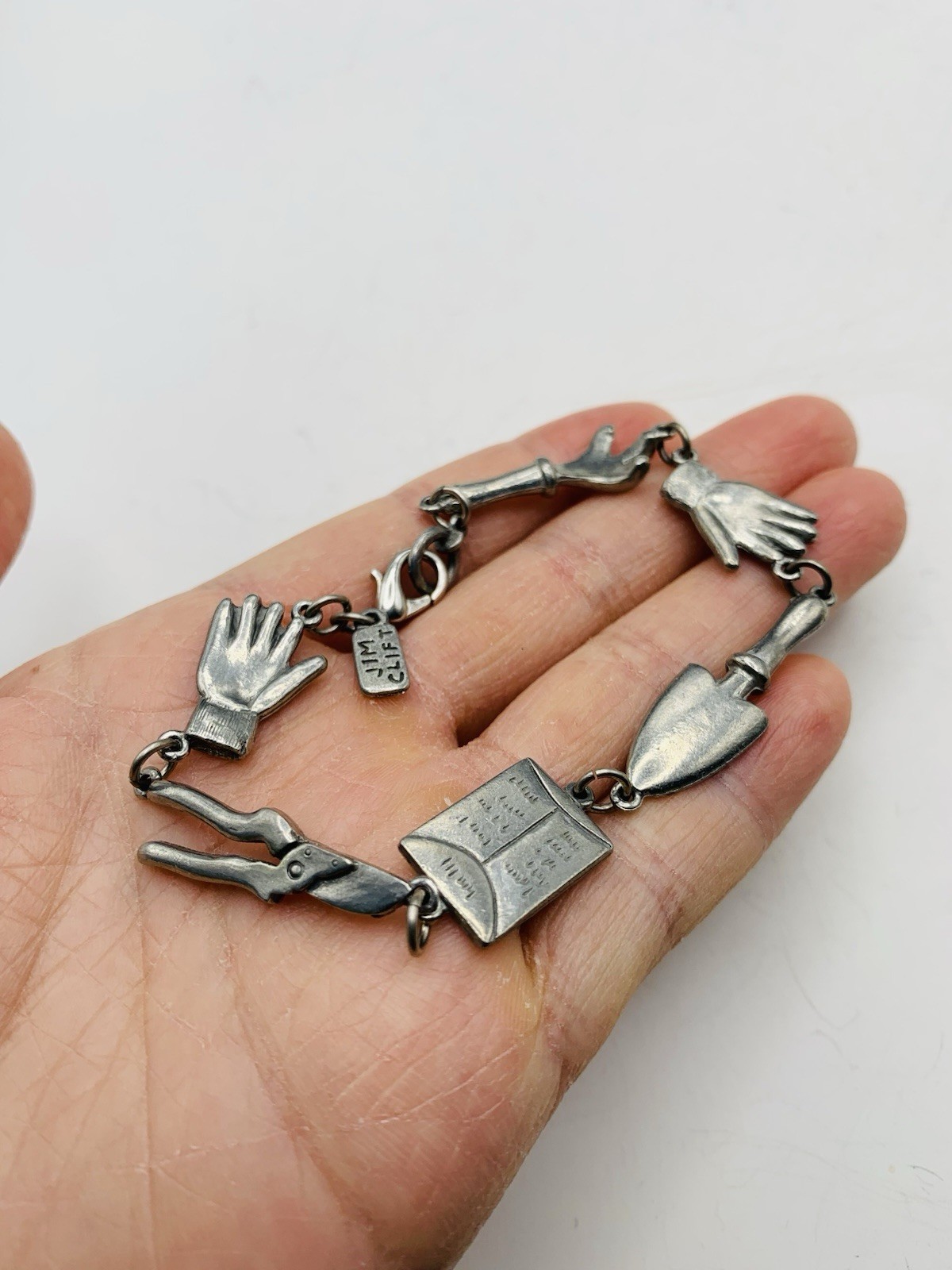 Vintage 7″ Signed Jim Clift Pewter USA Silver Tone Gardening Charm Bracelet