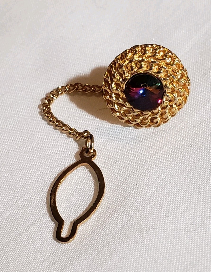 Vintage Cufflinks Tie Tack Set Hadley Gold Tone Mesh Wrap Red Rivoli Mid Century