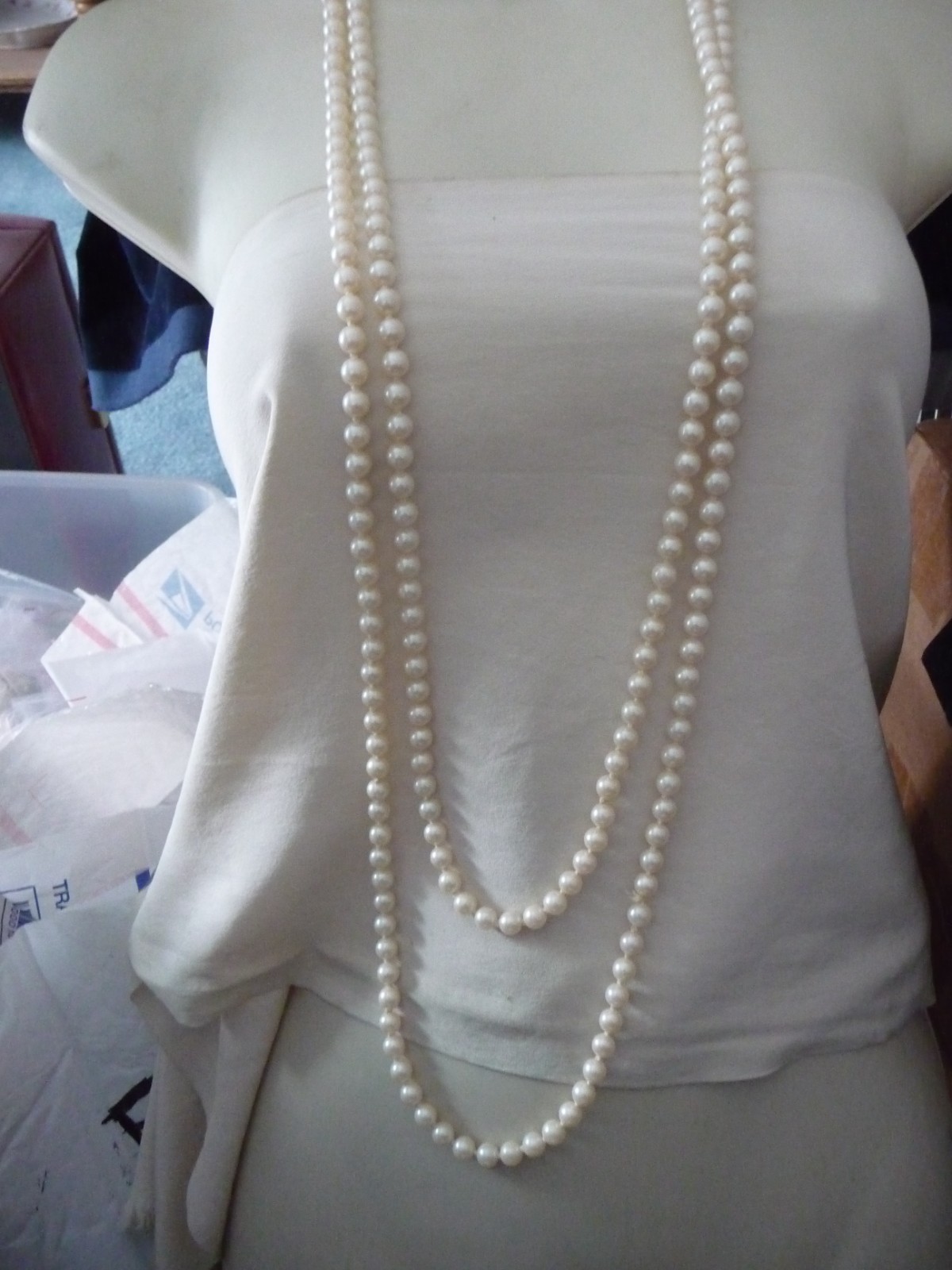 43” L HAND KNOTTED FAUX PEARL BEADS NO CLASP FLAPPER NECKLACE #15/7