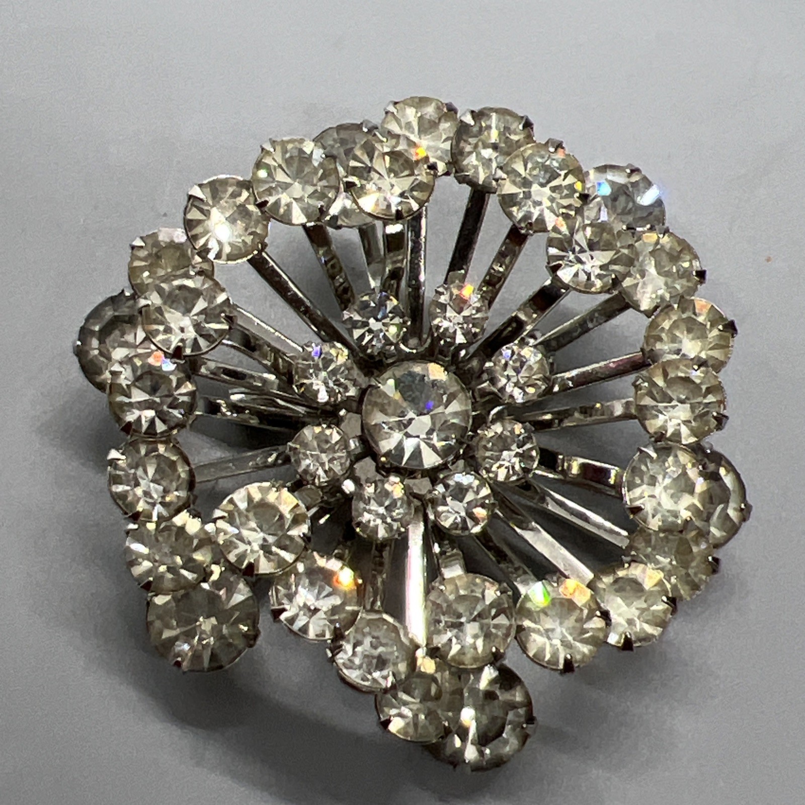Vintage Rhinestone Starburst Brooch Clear Silver Tone Cluster Dimensional Large