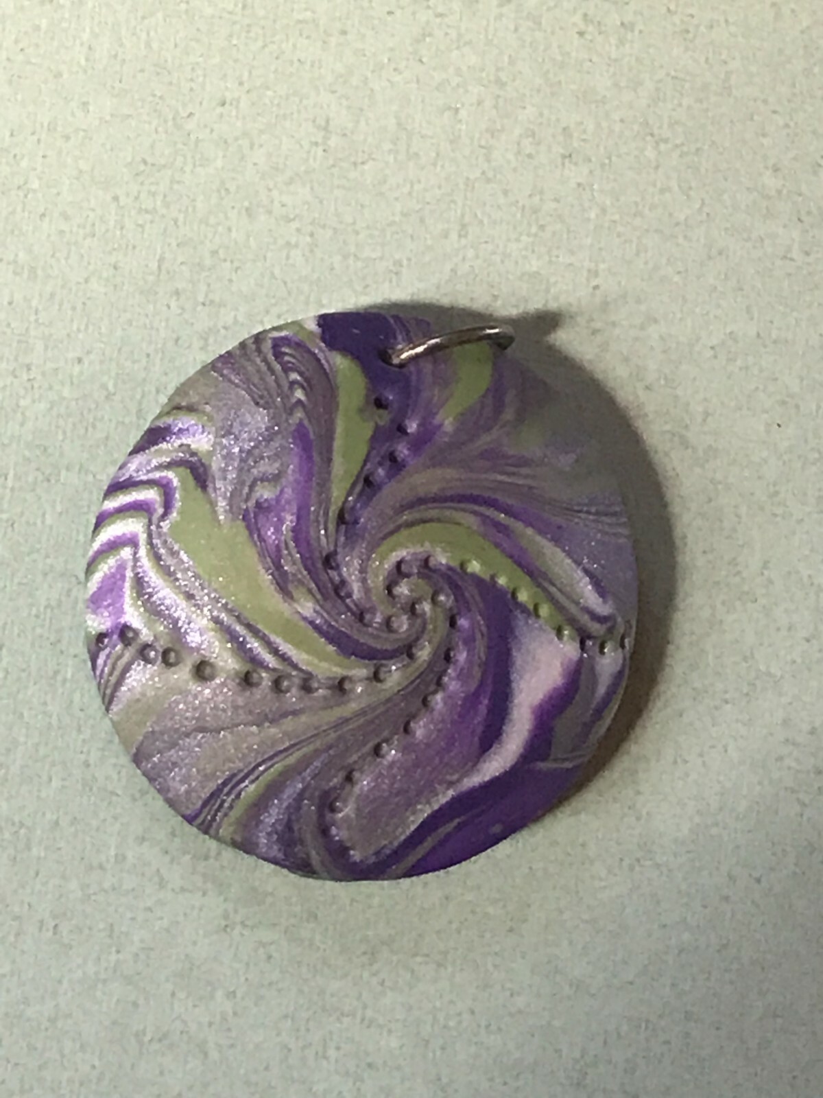 Handmade Swirly Purple White & Green Puffy Circle Polymer Clay Pendant – 1 and 3