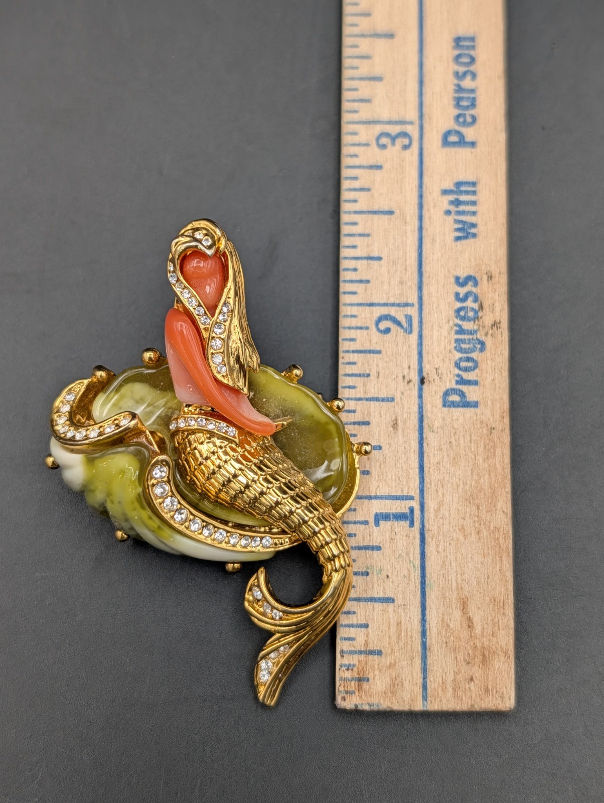 Vintage Hattie Carnegie Mermaid Gold Tone Green Orange Rhinestone 1960s Brooch