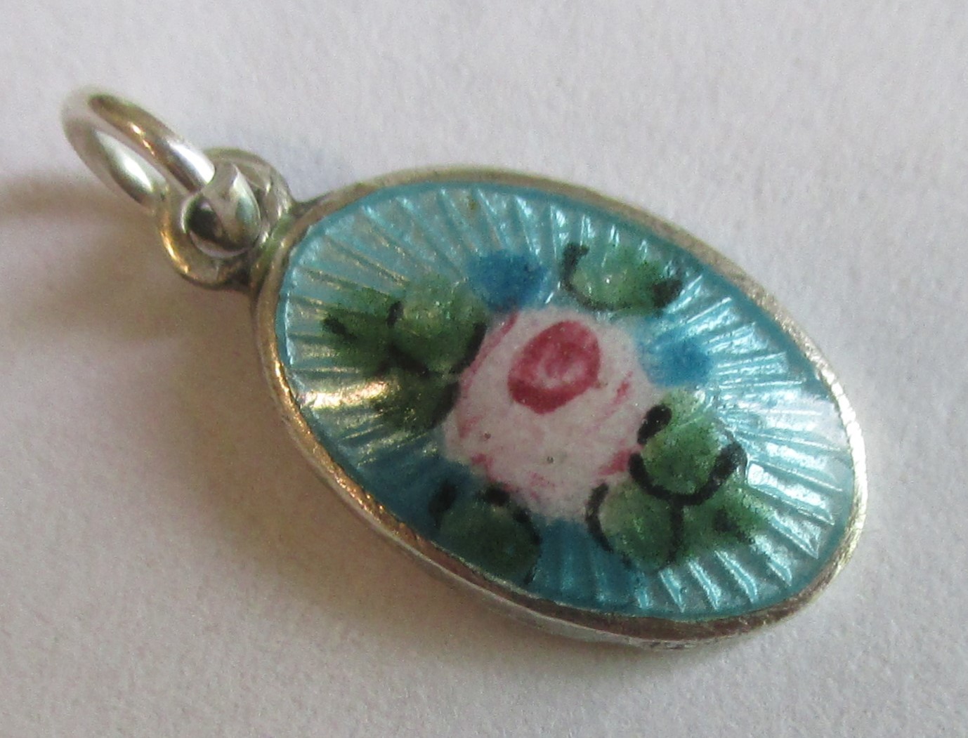 9/16in SMALL VINTAGE STERLING SILVER BLUE GUILLOCHE ENAMEL ROSE FLOWER CHARM
