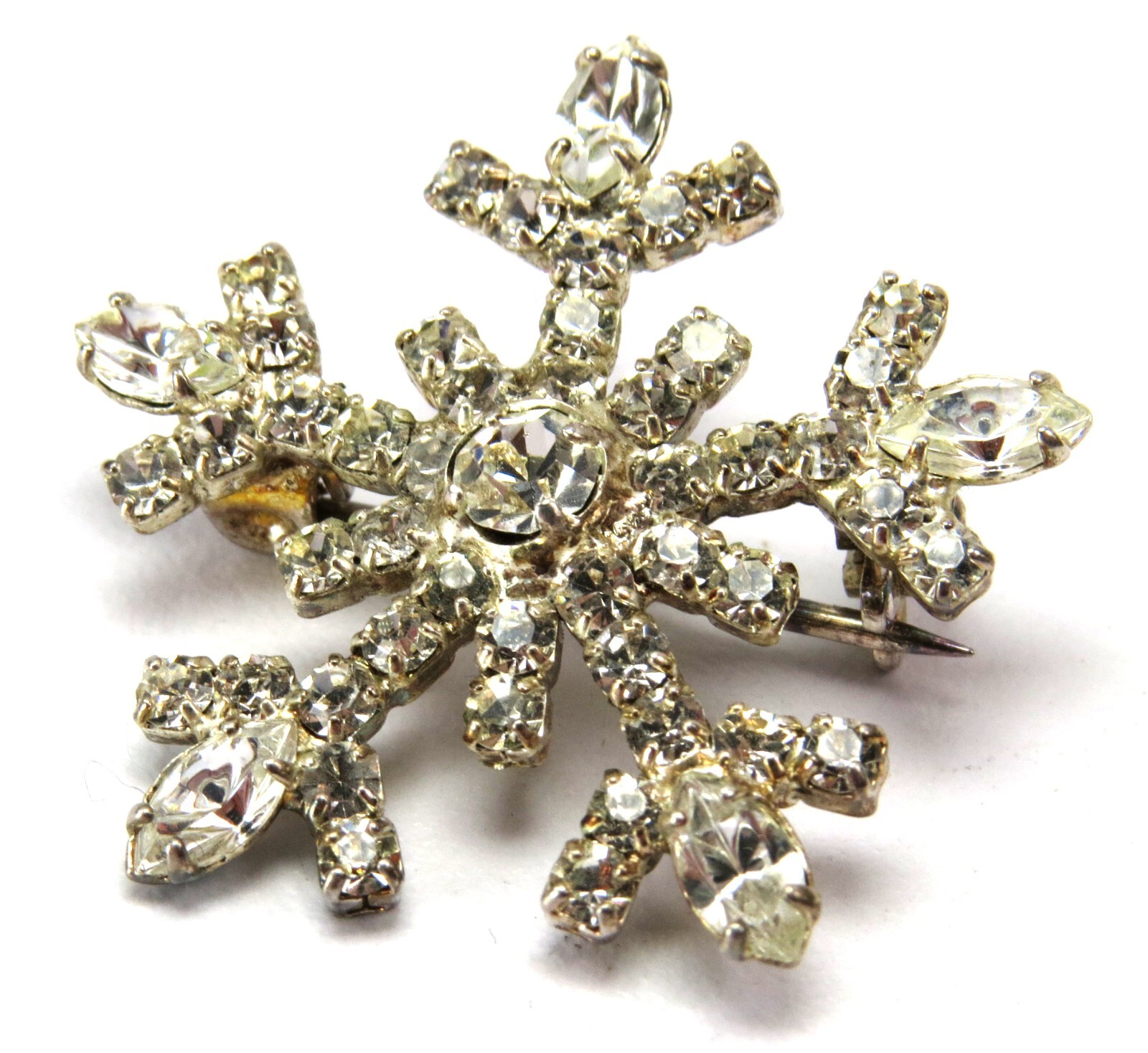 Pretty Rhinestone Snowflake Vintage Brooch, About 1-1/8″ Across – Read