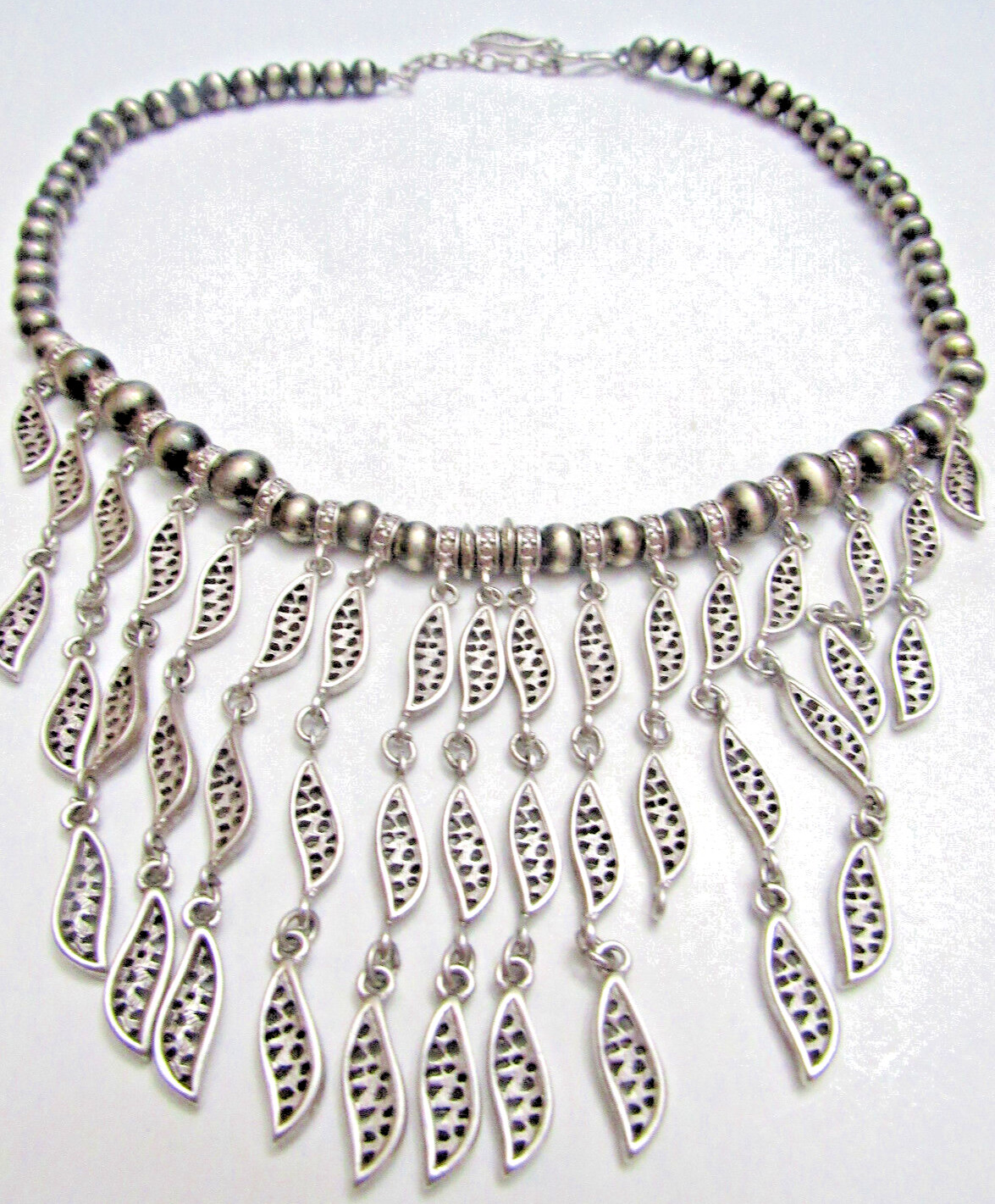 Vintage 18″ Bib Silver Tone Dangle Beaded Metal Necklace 50 g.