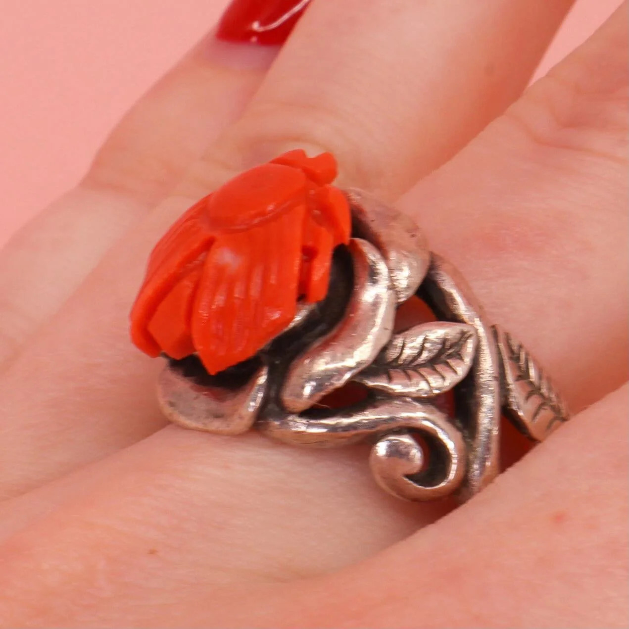 By Danilova, Japanese Satsuma Momo 1.5cm Carved Coral Cameo, Silver Ring, Size Q